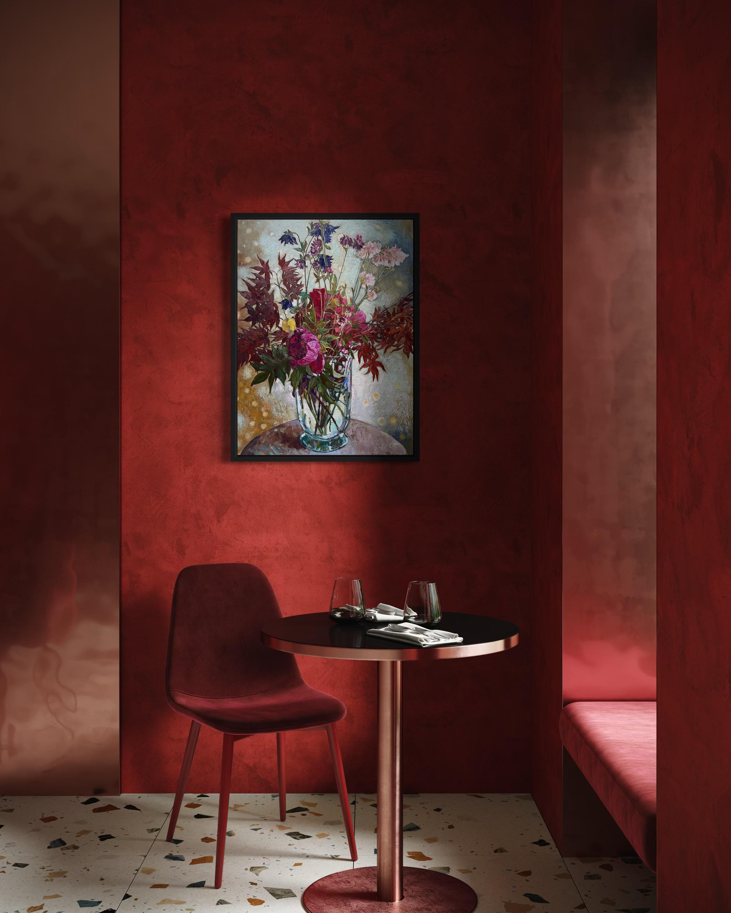 Bouquet avec érable japonais Peinture florale d'origine à l'huile Vertical . en vente 15