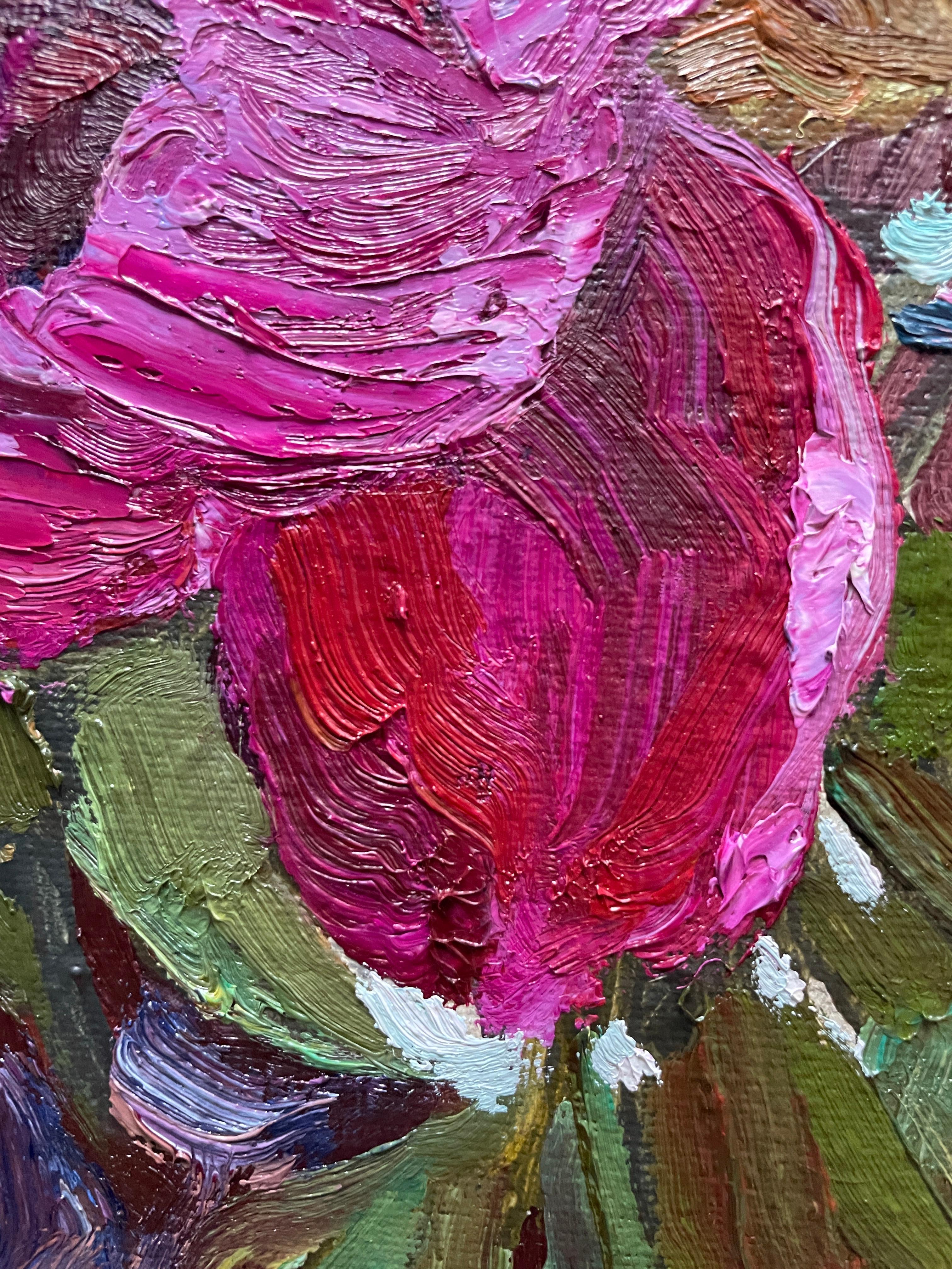 Bouquet avec érable japonais Peinture florale d'origine à l'huile Vertical . - Gris Still-Life Painting par Nadezda Stupina