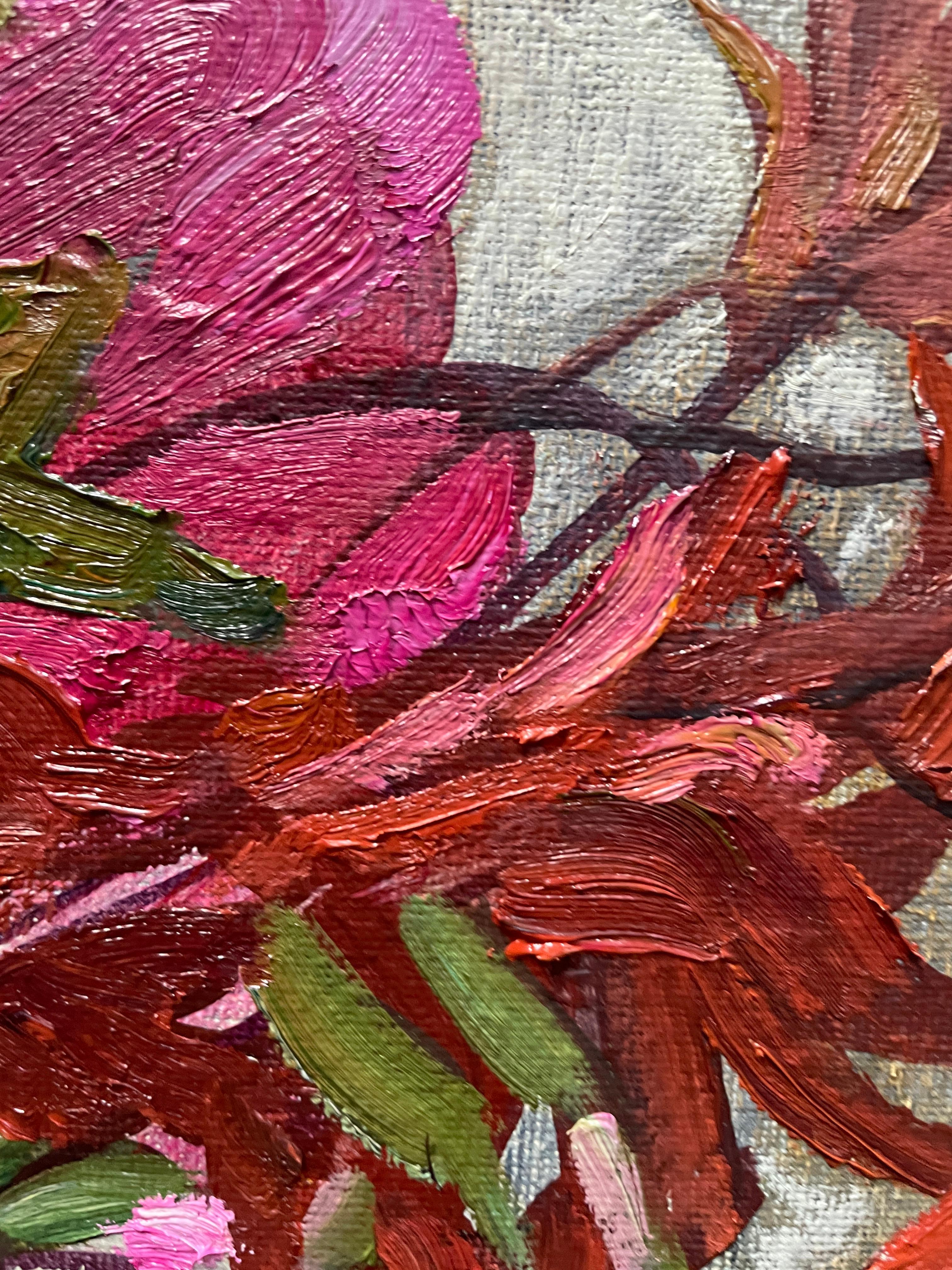 Bouquet avec érable japonais Peinture florale d'origine à l'huile Vertical . en vente 1