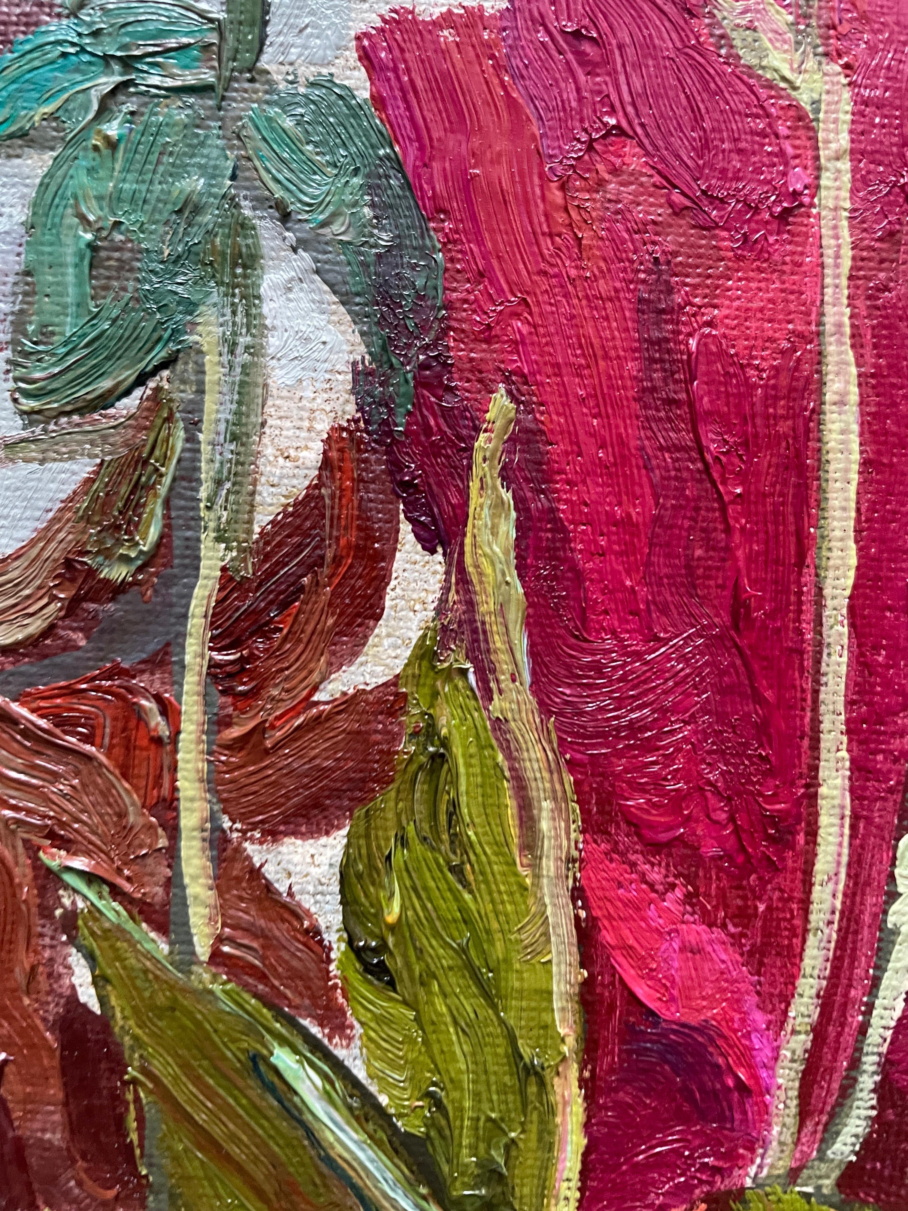 Bouquet avec érable japonais Peinture florale d'origine à l'huile Vertical . en vente 2