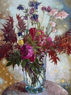 “Bouquet with Japanese maple”Original floral painting in oil . Vertical .