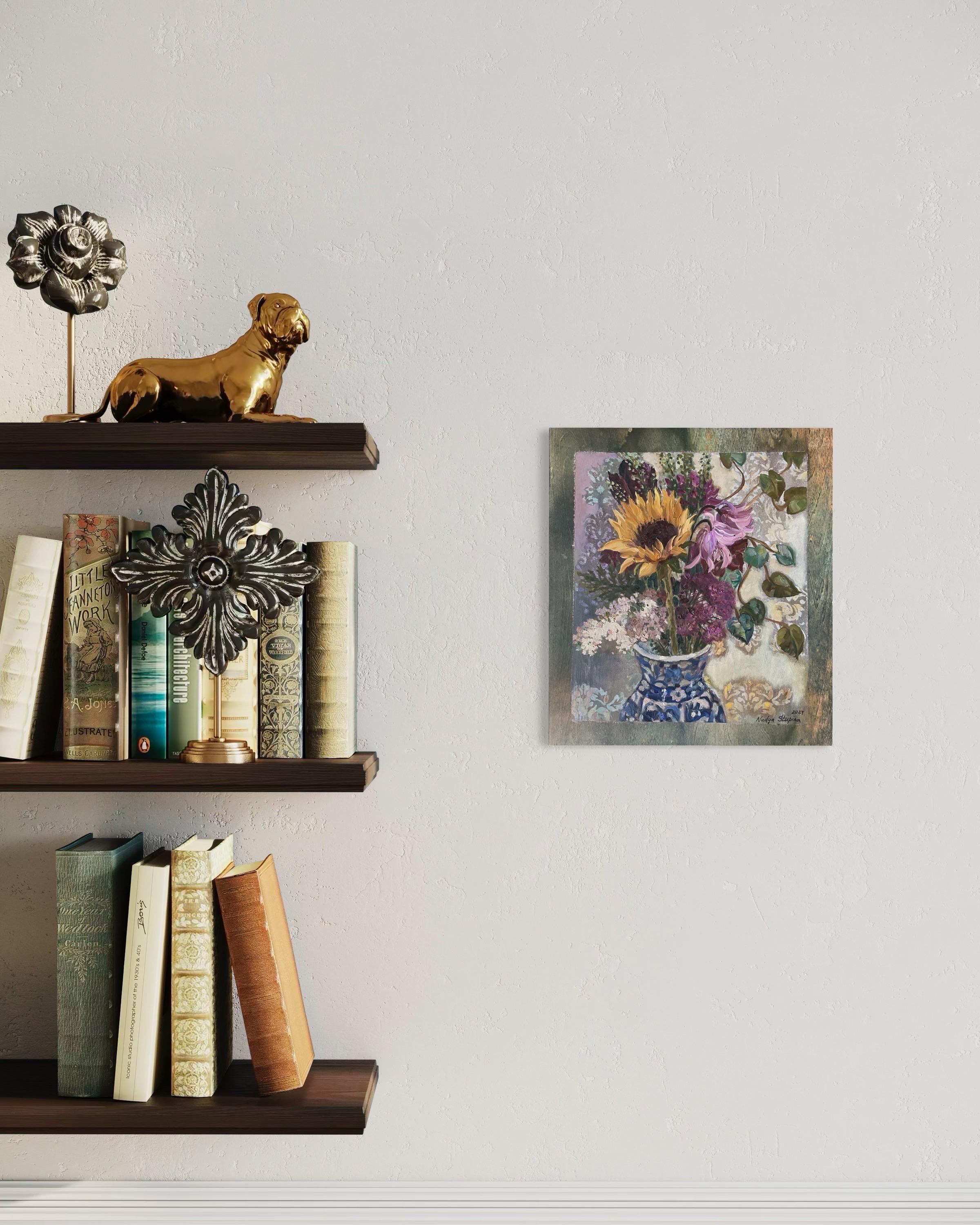 Blumenstrauß mit Sonnenblume – Painting von Nadezda Stupina
