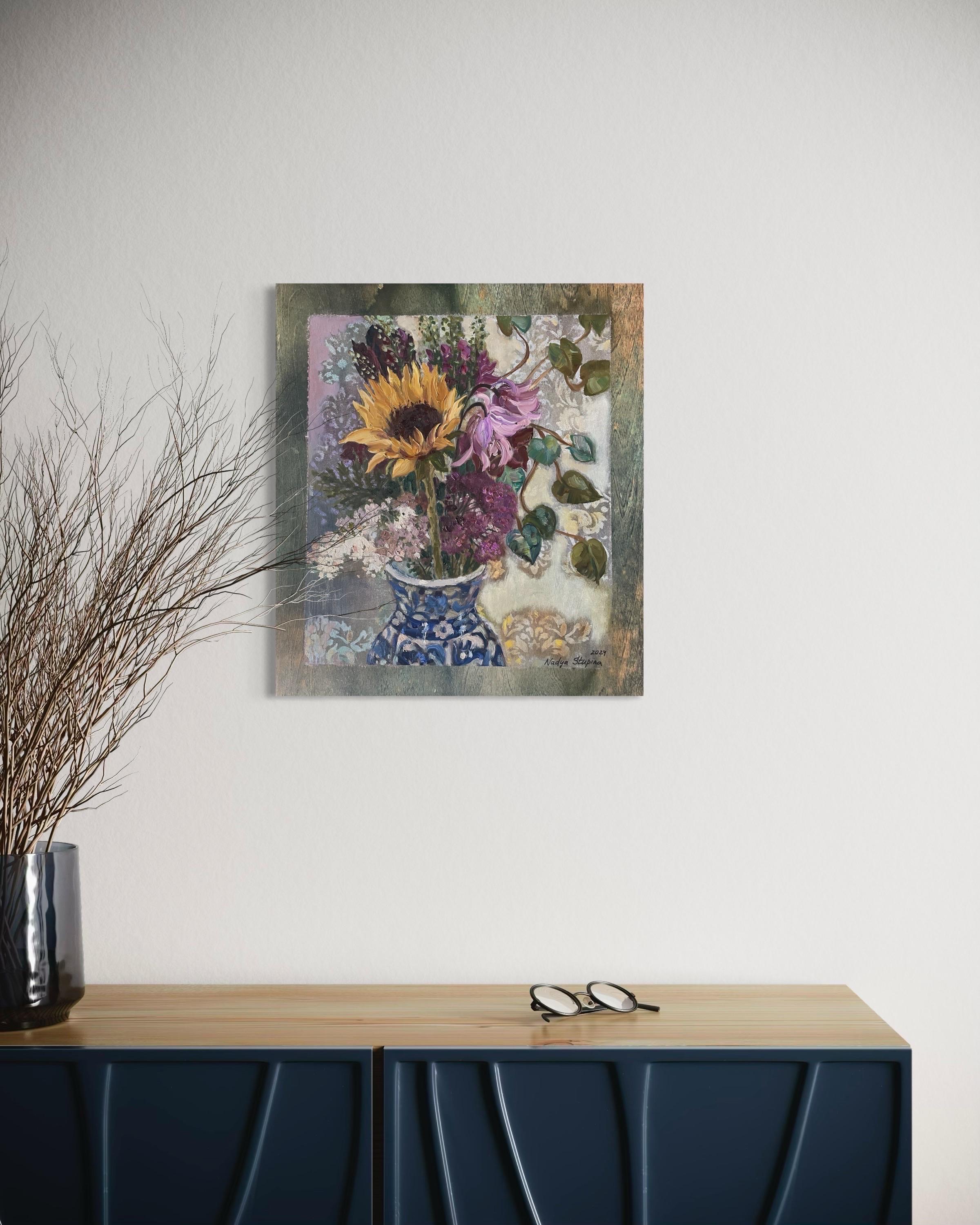 Blumenstrauß mit Sonnenblume (Sonstige Kunststile), Painting, von Nadezda Stupina