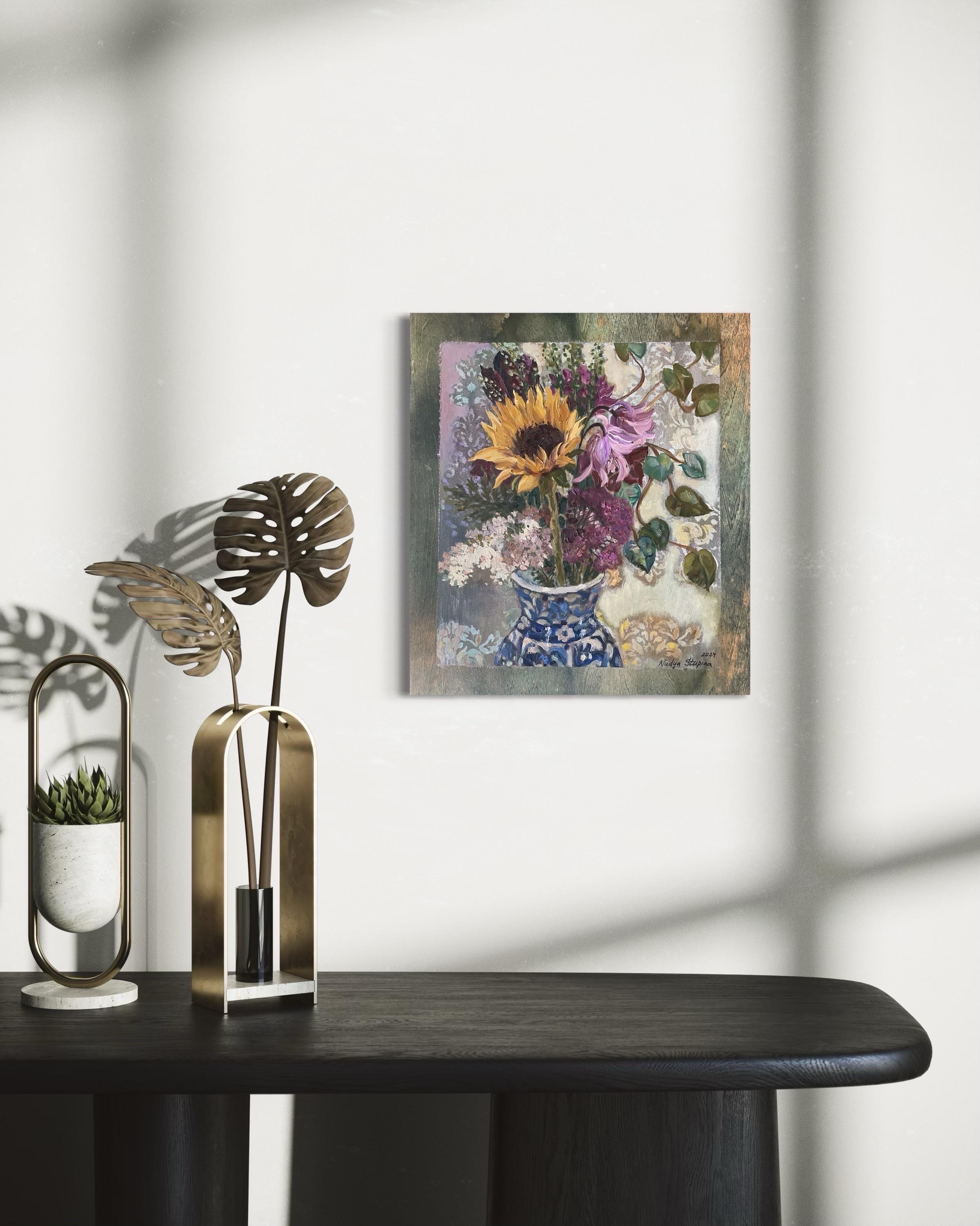 Blumenstrauß mit Sonnenblume (Braun), Still-Life Painting, von Nadezda Stupina
