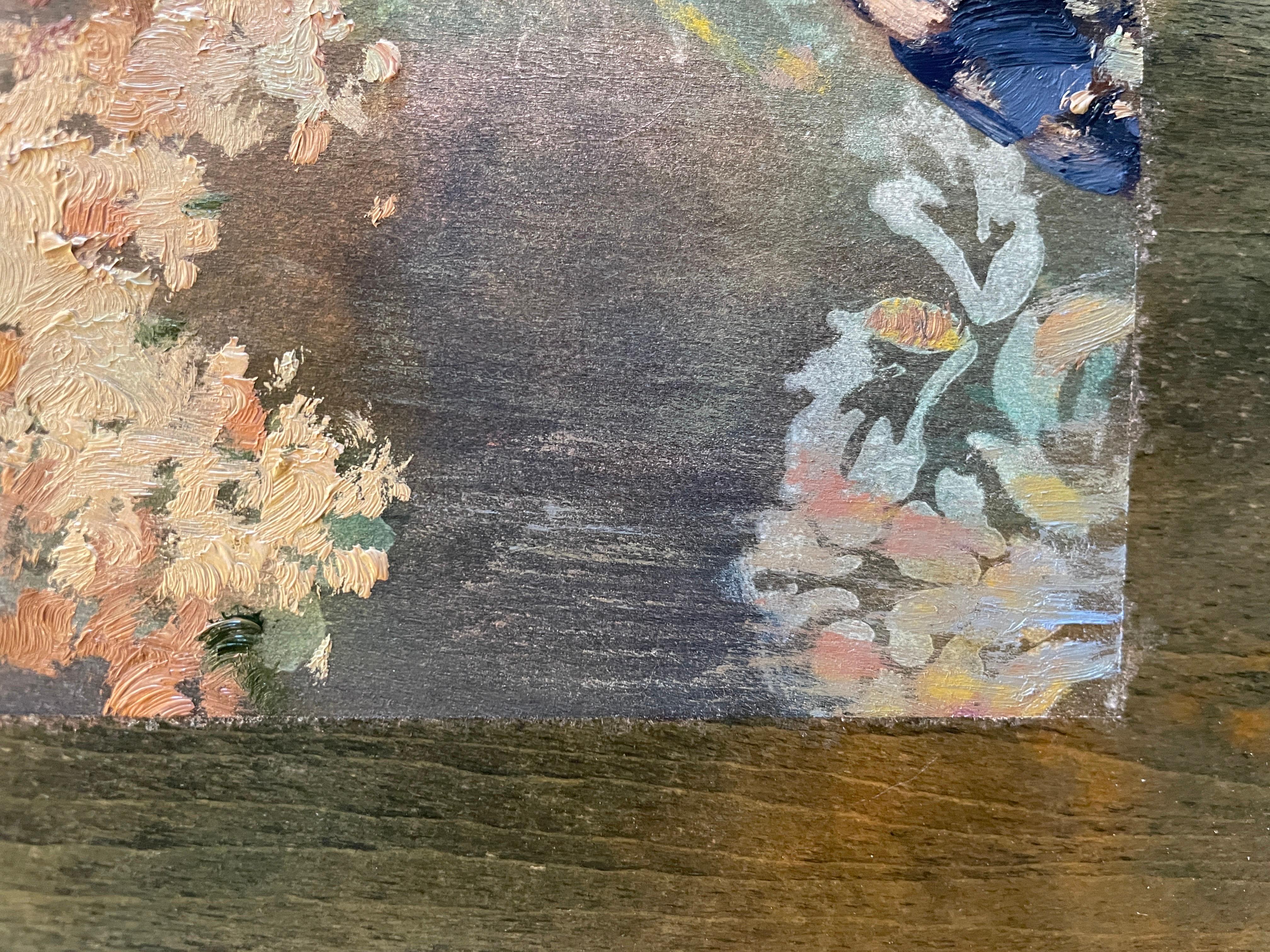 Dieses Kunstwerk strahlt eine auffallend lebendige Eleganz aus und zeigt ein faszinierendes Stillleben-Arrangement. Die Komposition wird von einer großen, leuchtenden Sonnenblume dominiert, deren warme gelbe Blütenblätter sich wie Sonnenstrahlen