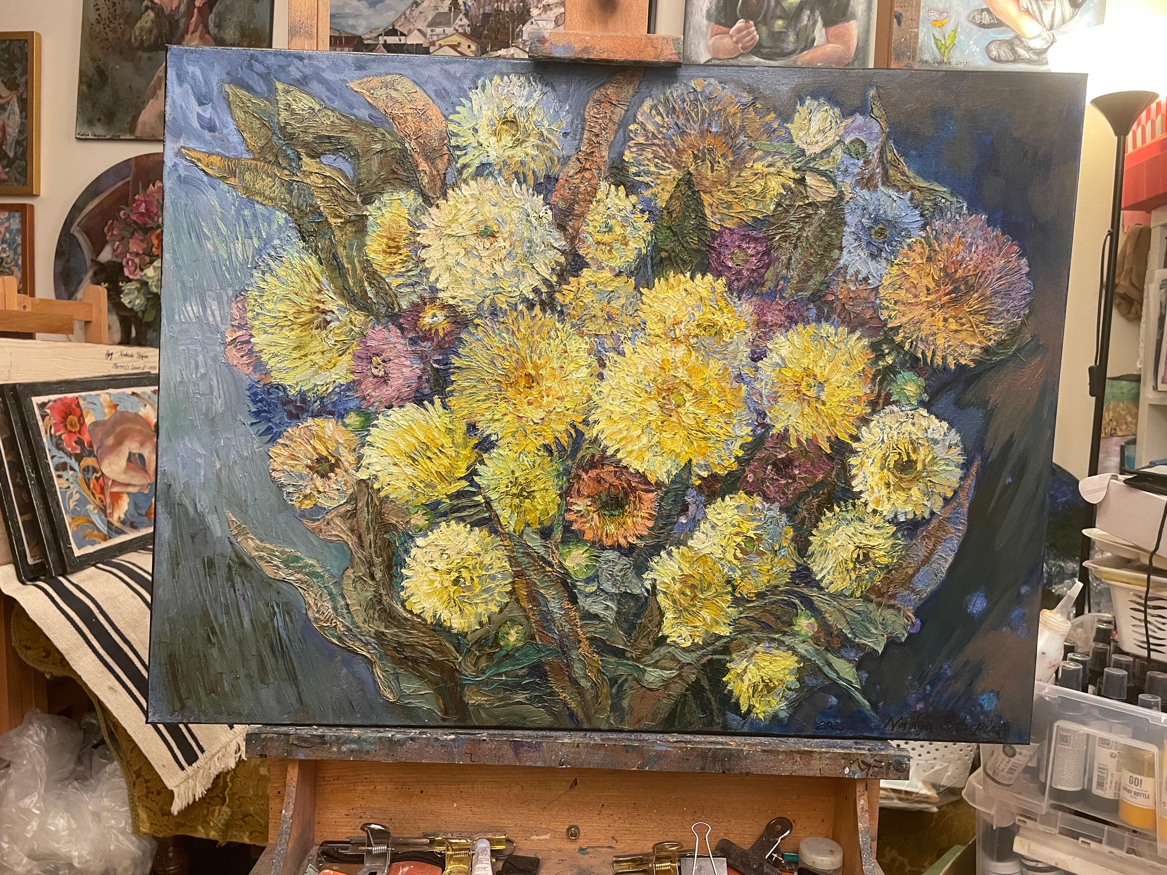 «Bouquet with Yellow chrysanthemums» original  oil painting . Impasto . 6