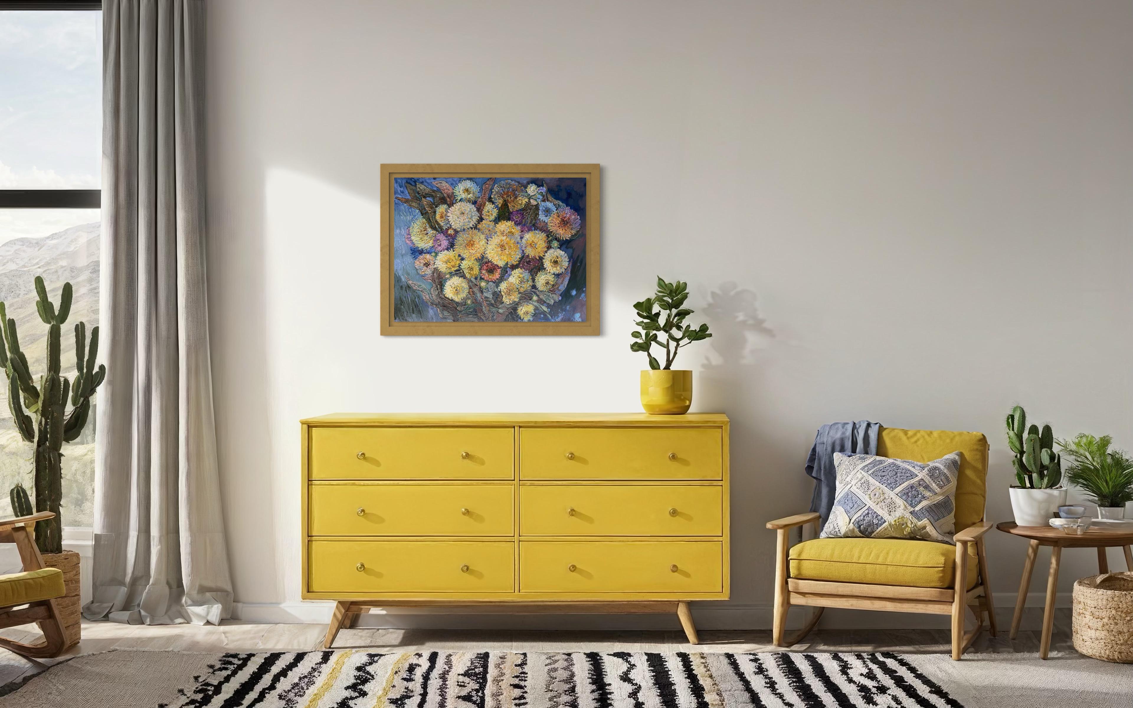 «Bouquet with Yellow chrysanthemums» original  oil painting . Impasto . - Post-Impressionist Painting by Nadezda Stupina