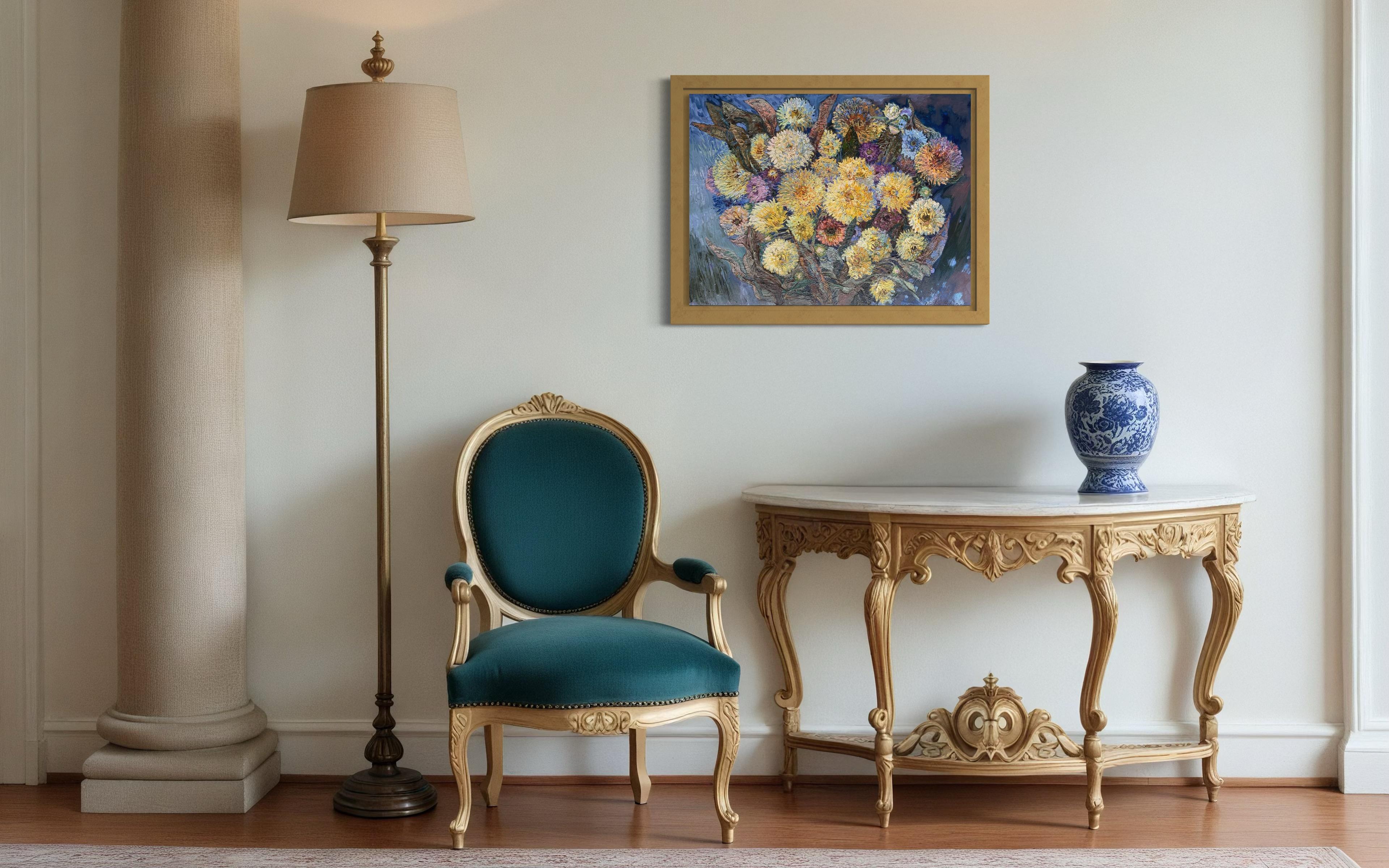 «Bouquet with Yellow chrysanthemums» original  oil painting . Impasto . 1
