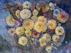 «Bouquet with Yellow chrysanthemums» original  oil painting . Impasto .