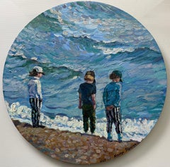 "Boys by the sea" Peinture figurative originale. Toile ronde. Impressionnisme