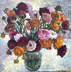 «Bright Ranunculus in a glass vase» Original floral painting . Square . Impasto.
