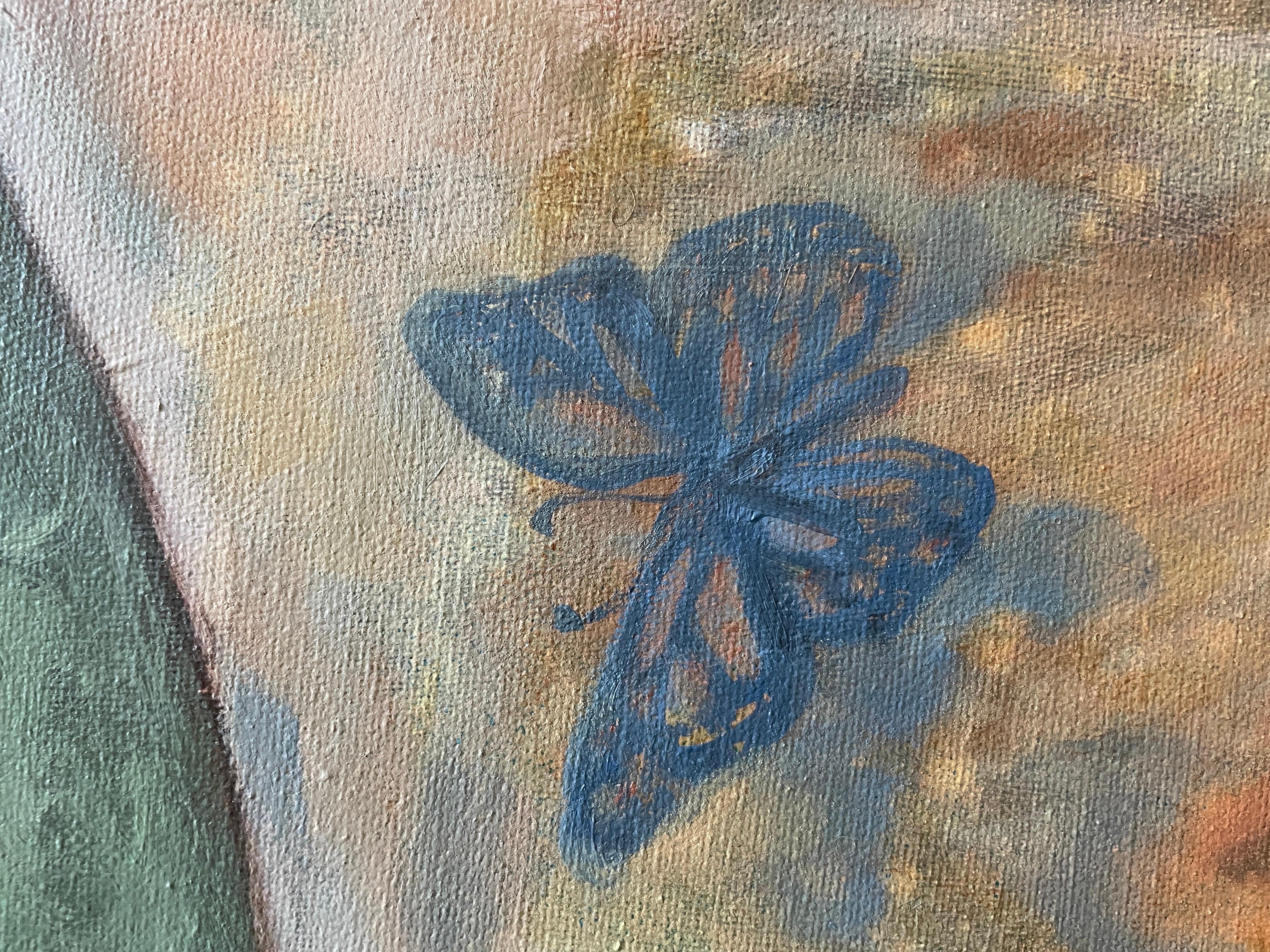 In this acrylic creation, I've explored the delicate interplay of human grace with nature's ethereal beauty. It's a tribute to quiet resilience and transformation, much like the gentle flutter of a butterfly's wings. Each brushstroke carries a