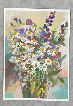 Camomile. Original floral painting . Vertical . Gouache on paper .Vertical