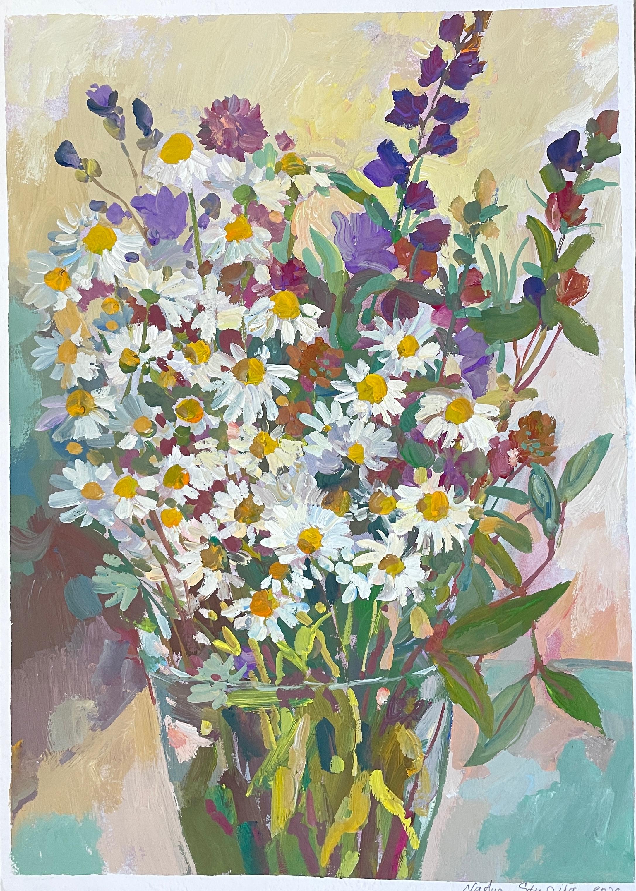 Kamille. Original-Blumengemälde . Vertikal . Gouache auf Papier. Hochformat