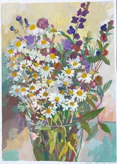 Camomile. Original floral painting . Vertical . Gouache on paper .Vertical