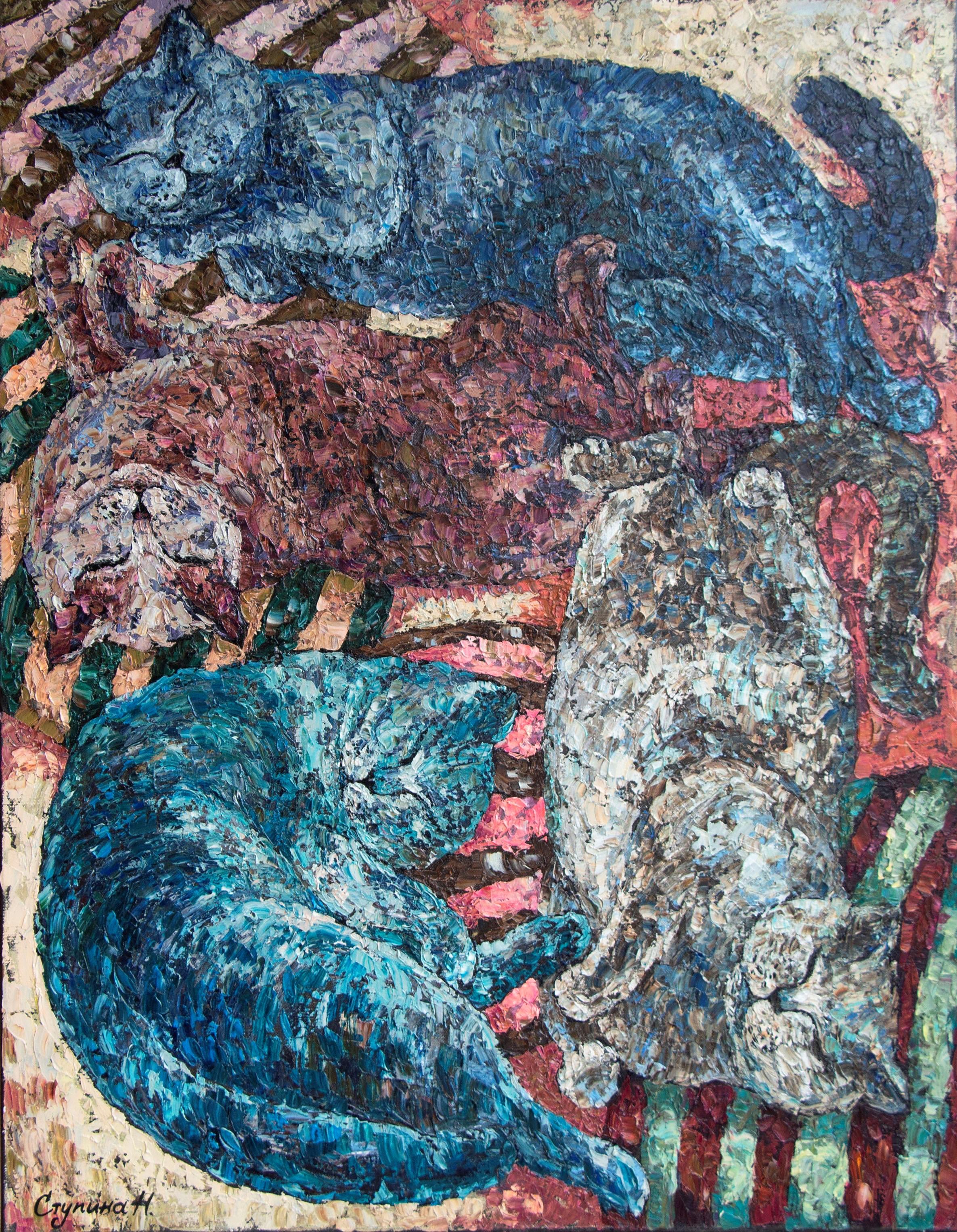 Nadezda Stupina Animal Painting – Die Katzen auf den gestreiften Kissen