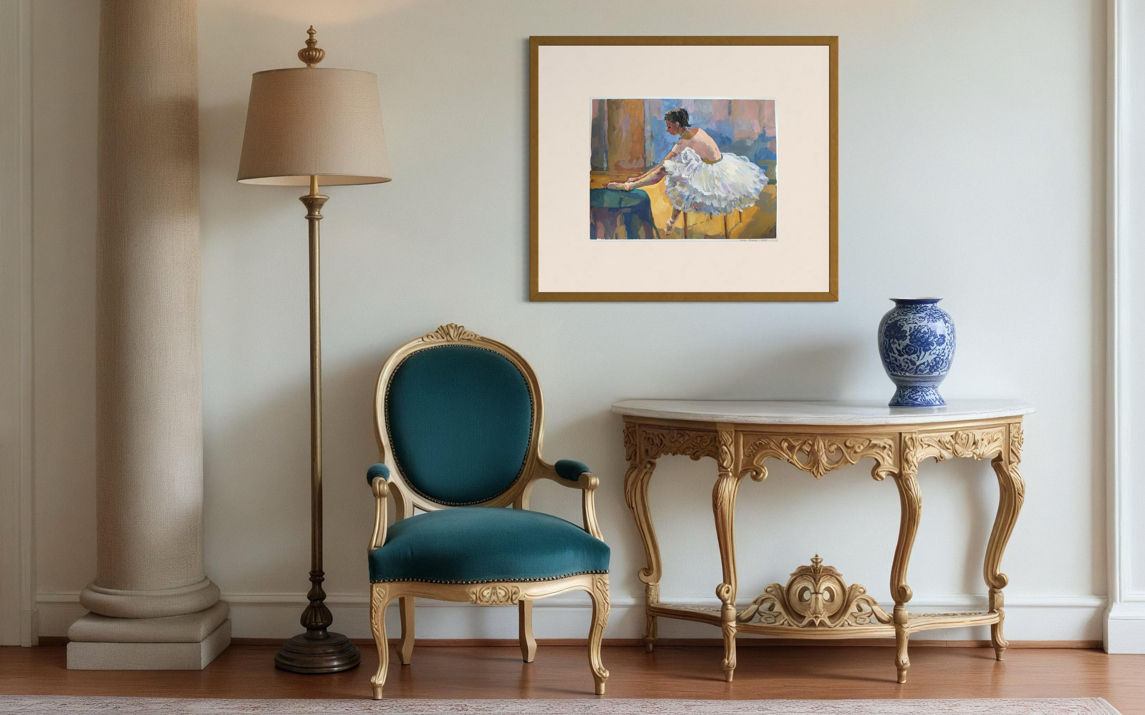 This evocative artwork portrays a ballerina in a moment of quiet concentration, seated while adjusting her shoe. The artist masterfully uses a palette of soft pastels and earthy tones, blending blues, pinks, and ochres to create a warm, inviting