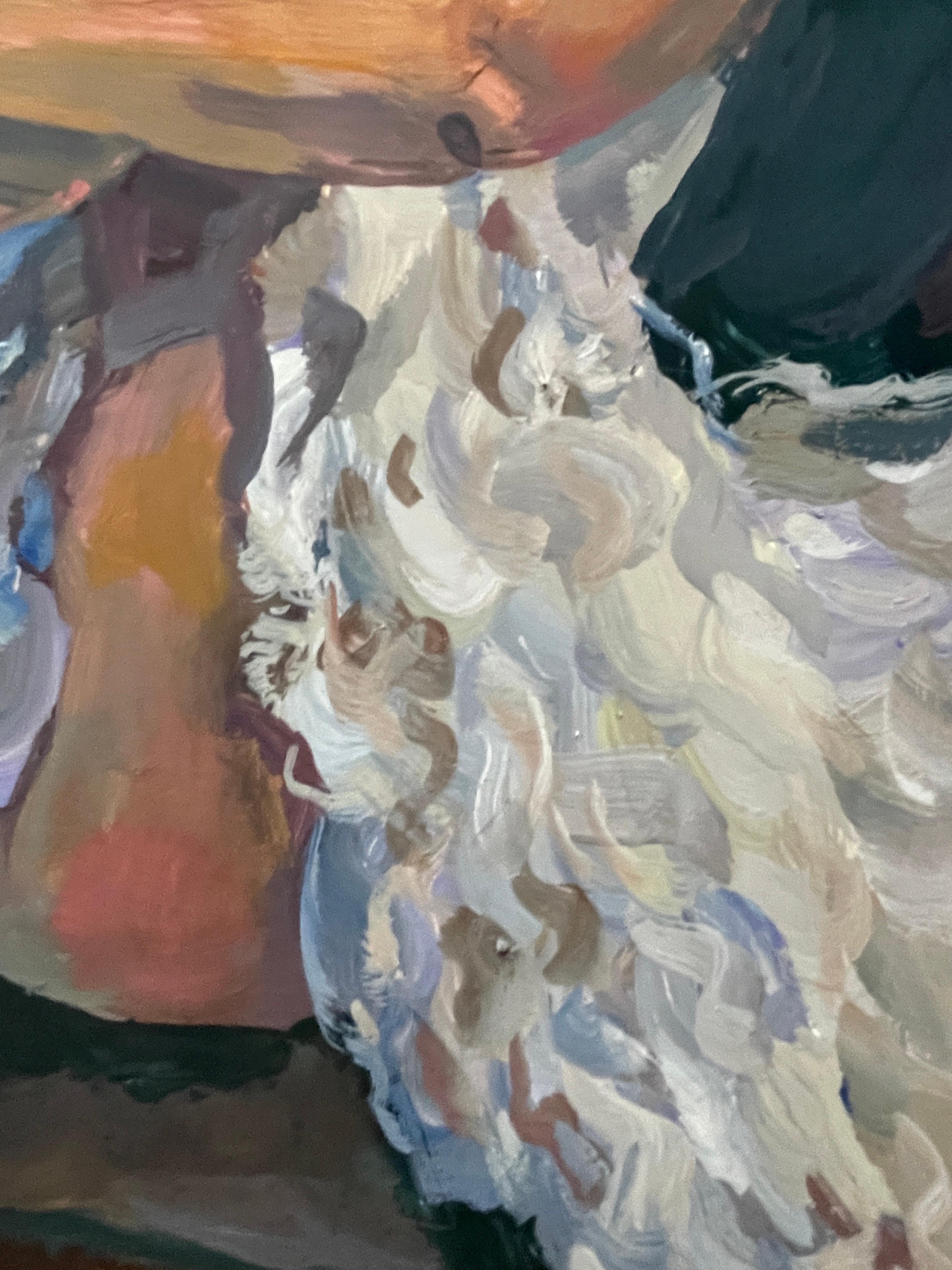 Dieses Kunstwerk zeigt eine souveräne Ballerina, die auf einer dunklen, plüschigen Bank sitzt und damit beschäftigt ist, ihre Spitzenschuhe zu binden. Ihr weißes Tutu, dessen Lagen an zarte Federn erinnern, verleiht dem Bild Textur und Tiefe und