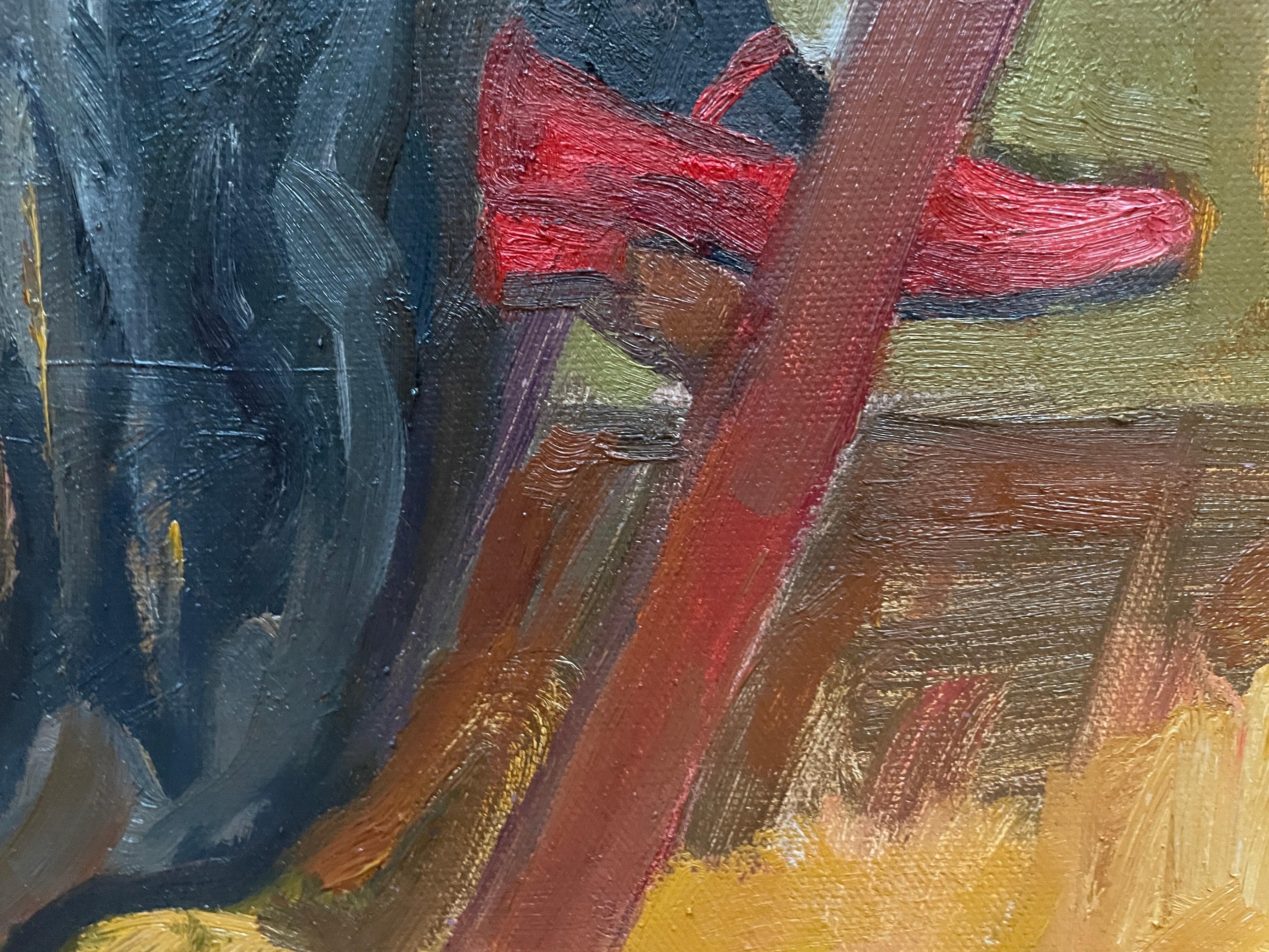 Cette œuvre d'art saisissante représente une figure posée, élégamment vêtue d'une robe sombre et fluide qui balaie le sol. La posture de la femme est assurée alors qu'elle se tient gracieusement en équilibre sur une échelle, le dos tourné au