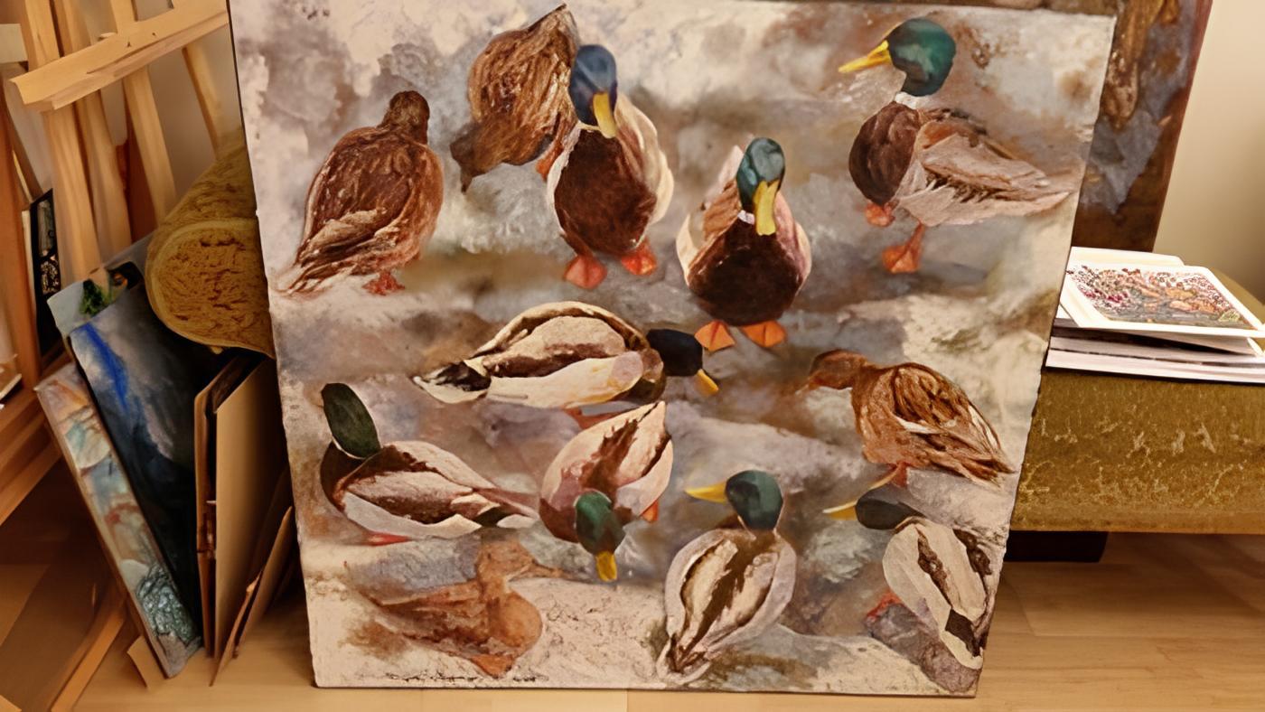 Christmas ducks - Post-Impressionist Painting by Nadezda Stupina