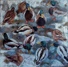 "Christmas ducks" Original animalistic  painting. Large square.