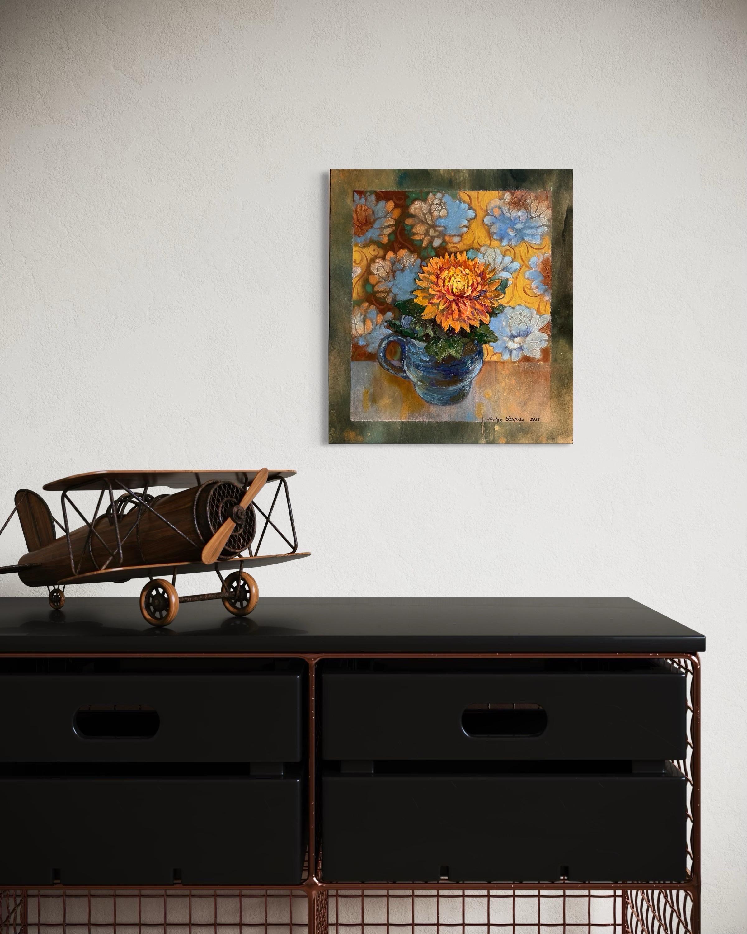 This artwork is a striking still life composition, characterized by its vivid and harmonious interplay of colors and textures. At its center, a lush, vibrant chrysanthemum blossoms with rich hues of golden yellow and orange, its petals unfurling in