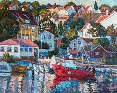 "Ville près de la mer (Drøbak)" Paysage impressionniste, peinture à l'huile. Impasto