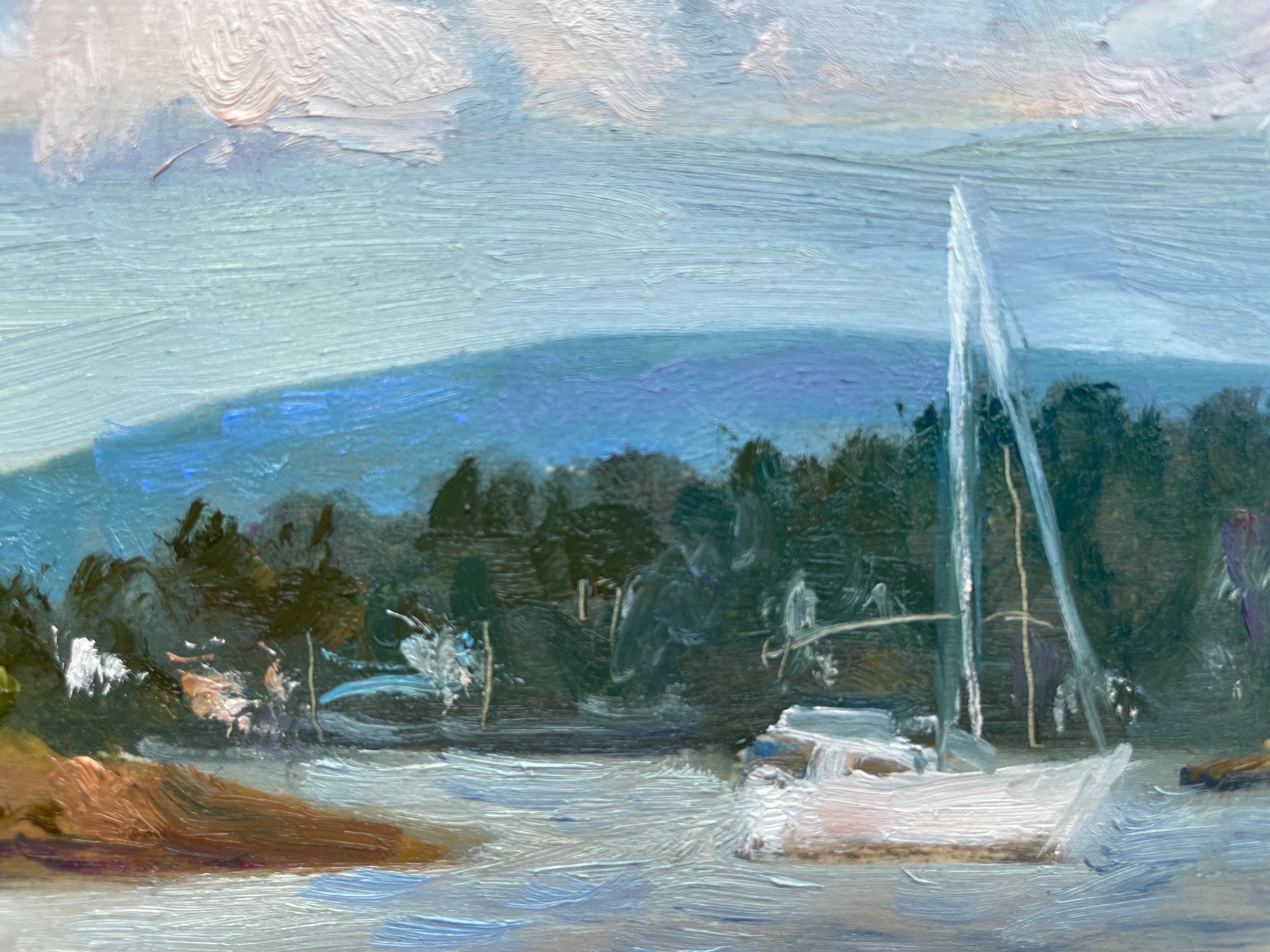Nuvole, barca e acqua. - Landscape Painting Marrone di Nadezda Stupina