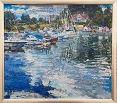 Nubes en el agua. Pintura original de paisaje . Puerto . Impasto. Marco