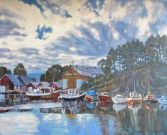 "Clouds of Vestlandet ." Original large landscape . Acrylic on blue denim