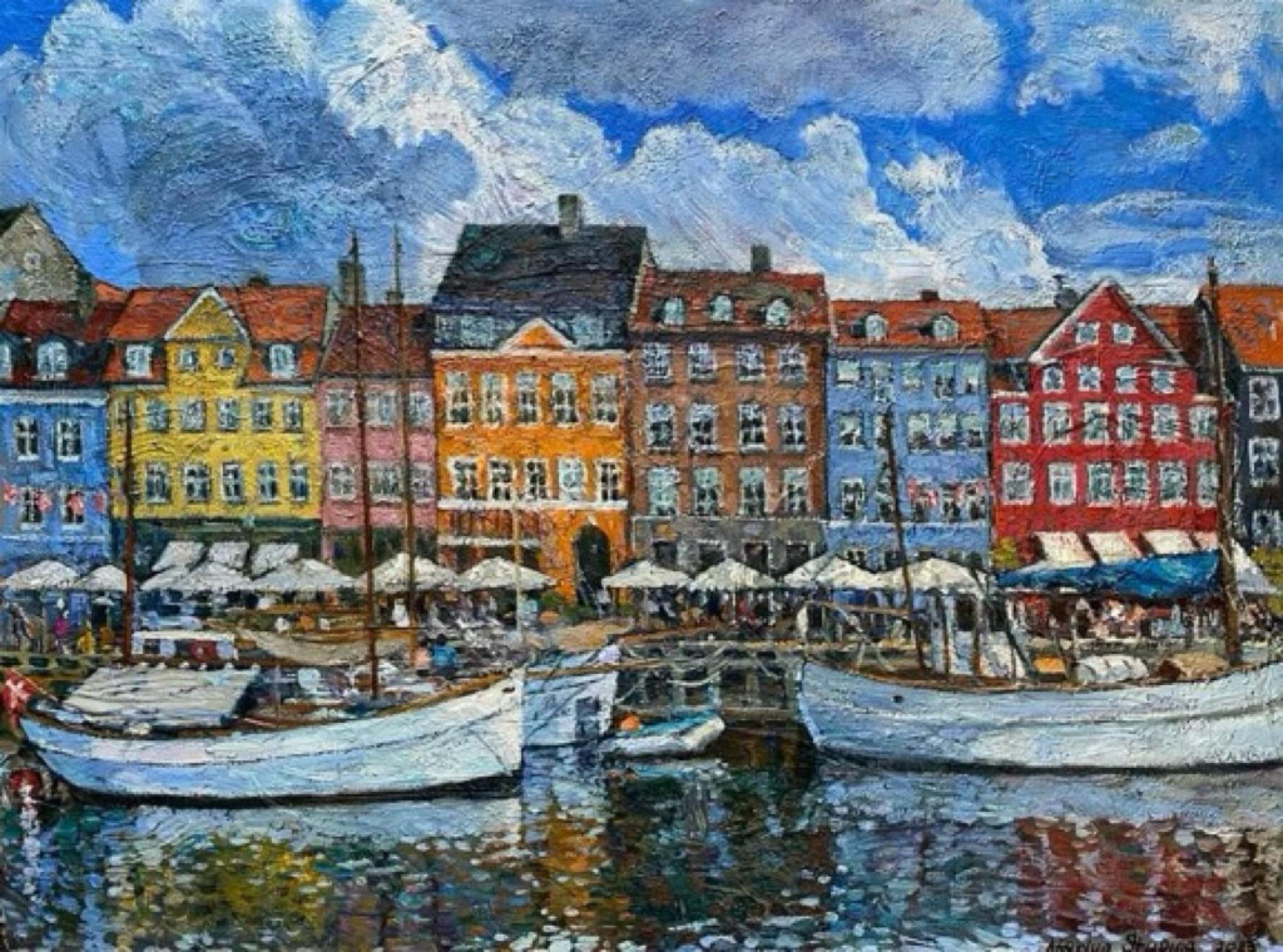 Clouds over Nyhavn . Copenhagen . Horizontal city landscape. Oil painting .Boats