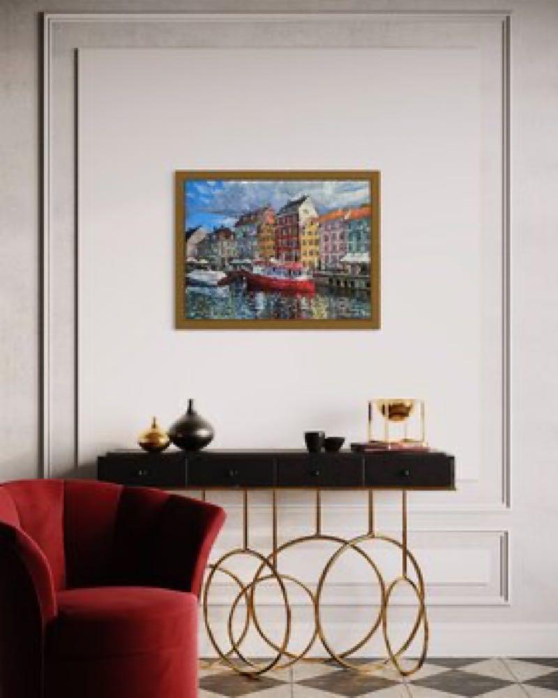 Clouds over Nyhavn . Copenhagen . Horizontal city landscape. Oil painting .Boats - Painting by Nadezda Stupina