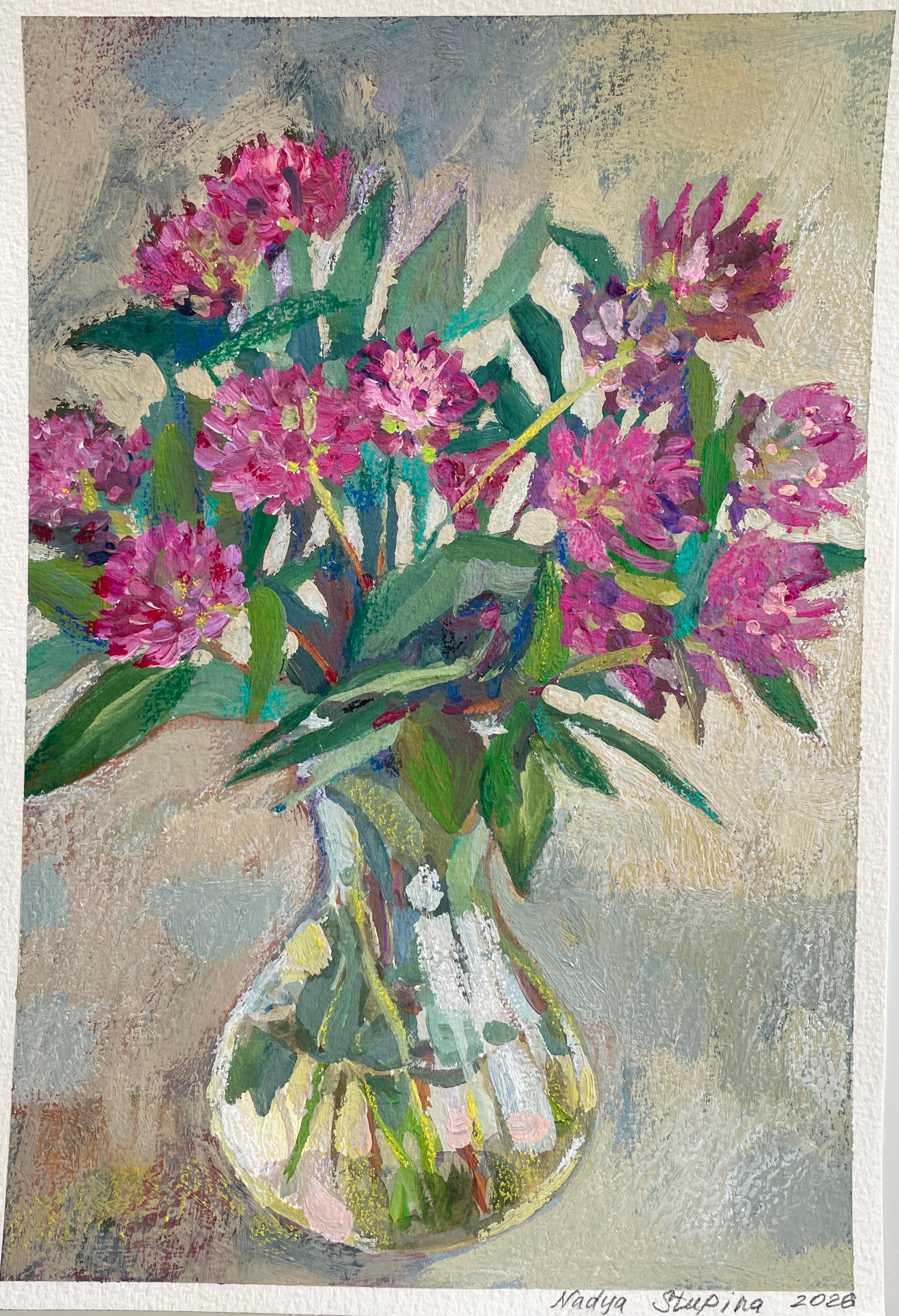 Nadezda Stupina Still-Life Painting - Clover. Small gouache floral painting. Gift . Framed