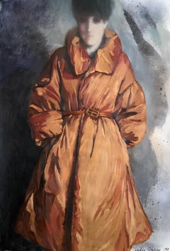 "Se vende abrigo" pintura figurativa al óleo .Naranja