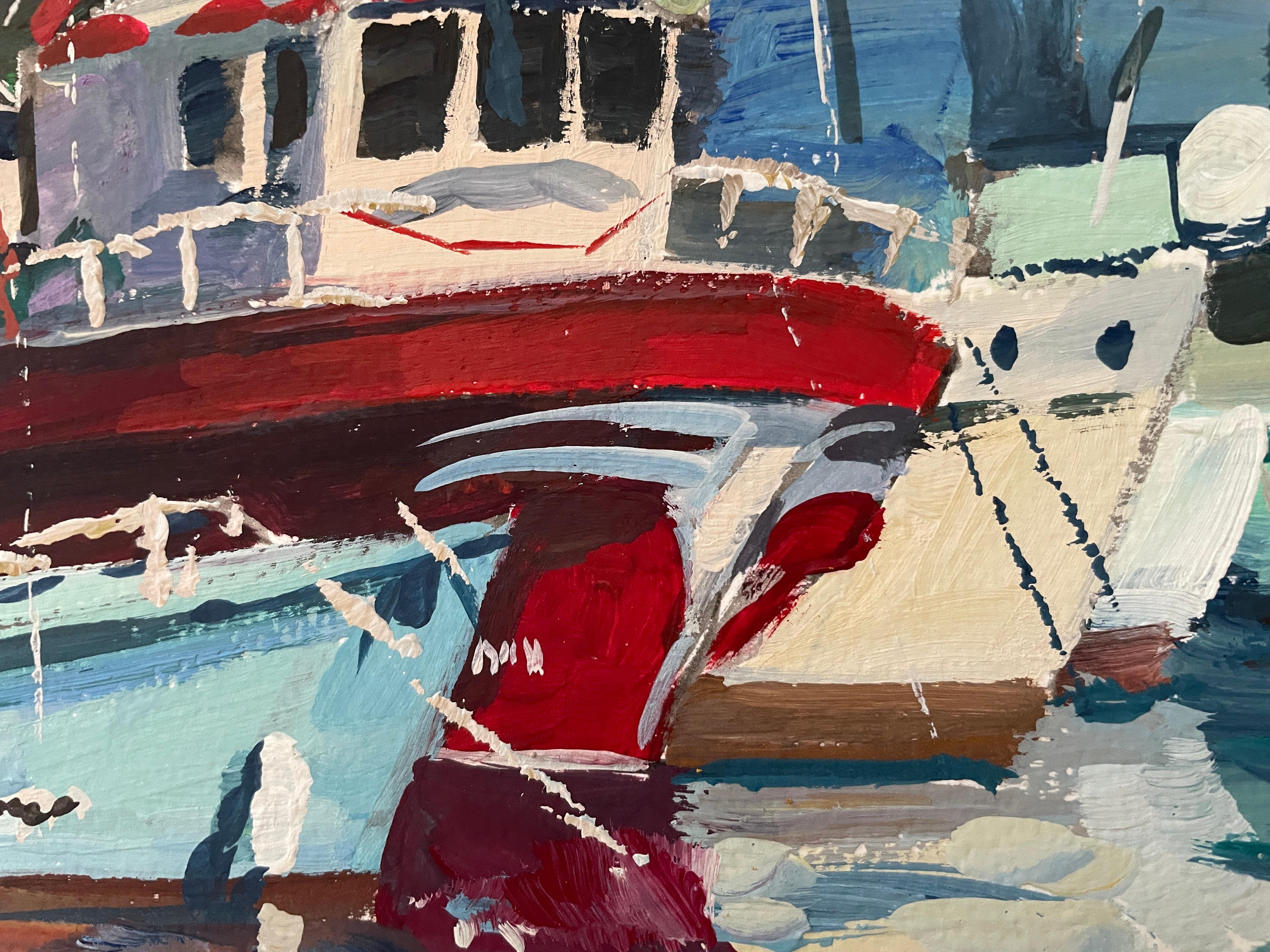 This vibrant artwork vividly captures a bustling harbor scene with an array of colorful fishing boats gently bobbing on the reflective water. Each vessel, painted with meticulous detail, displays a unique blend of hues ranging from deep blues to