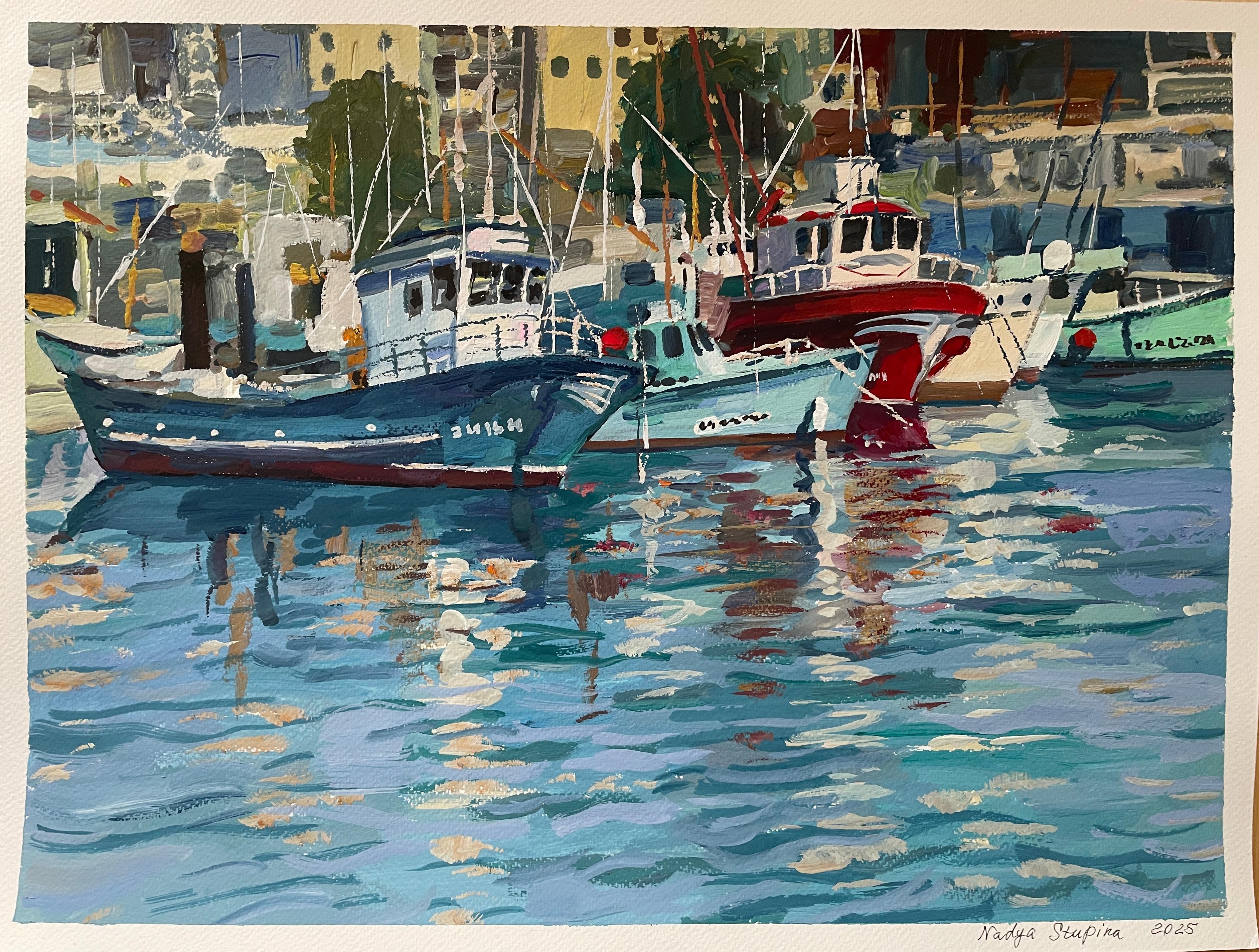 "Barcos coloreados de Argiineguin" Paisaje marino impresionista  . Puerto . Barcos.