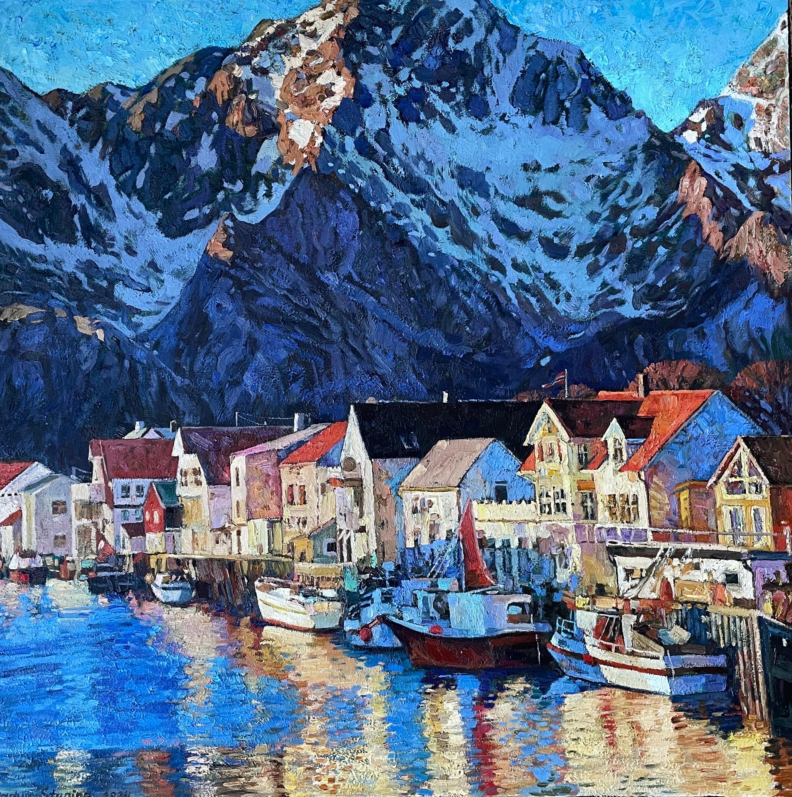"Colors of Henningsvær" Original landscape painting . Large square