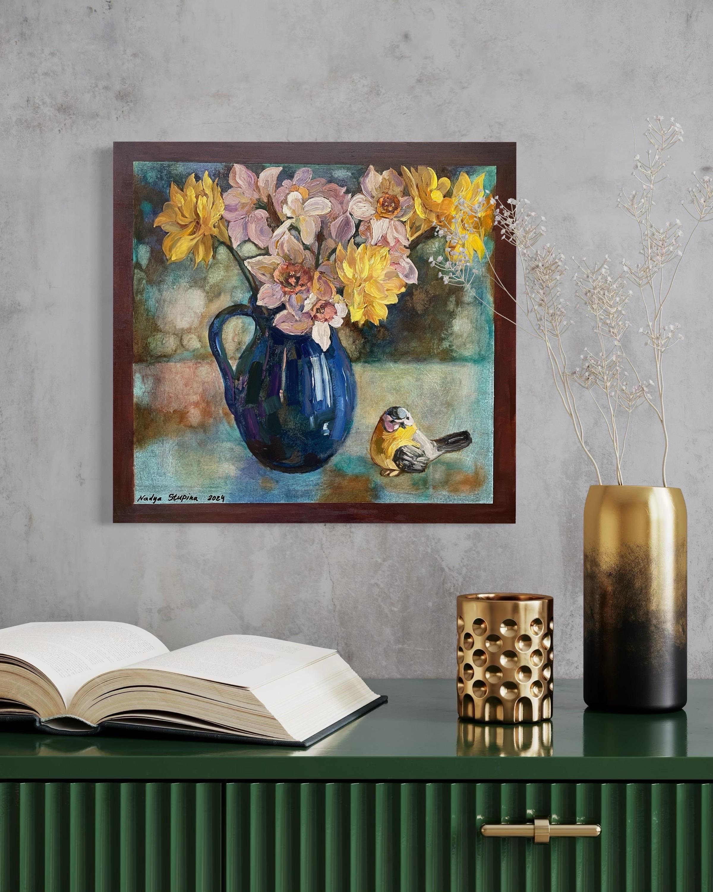 Daffodils in a blue vase - Brown Still-Life Painting by Nadezda Stupina