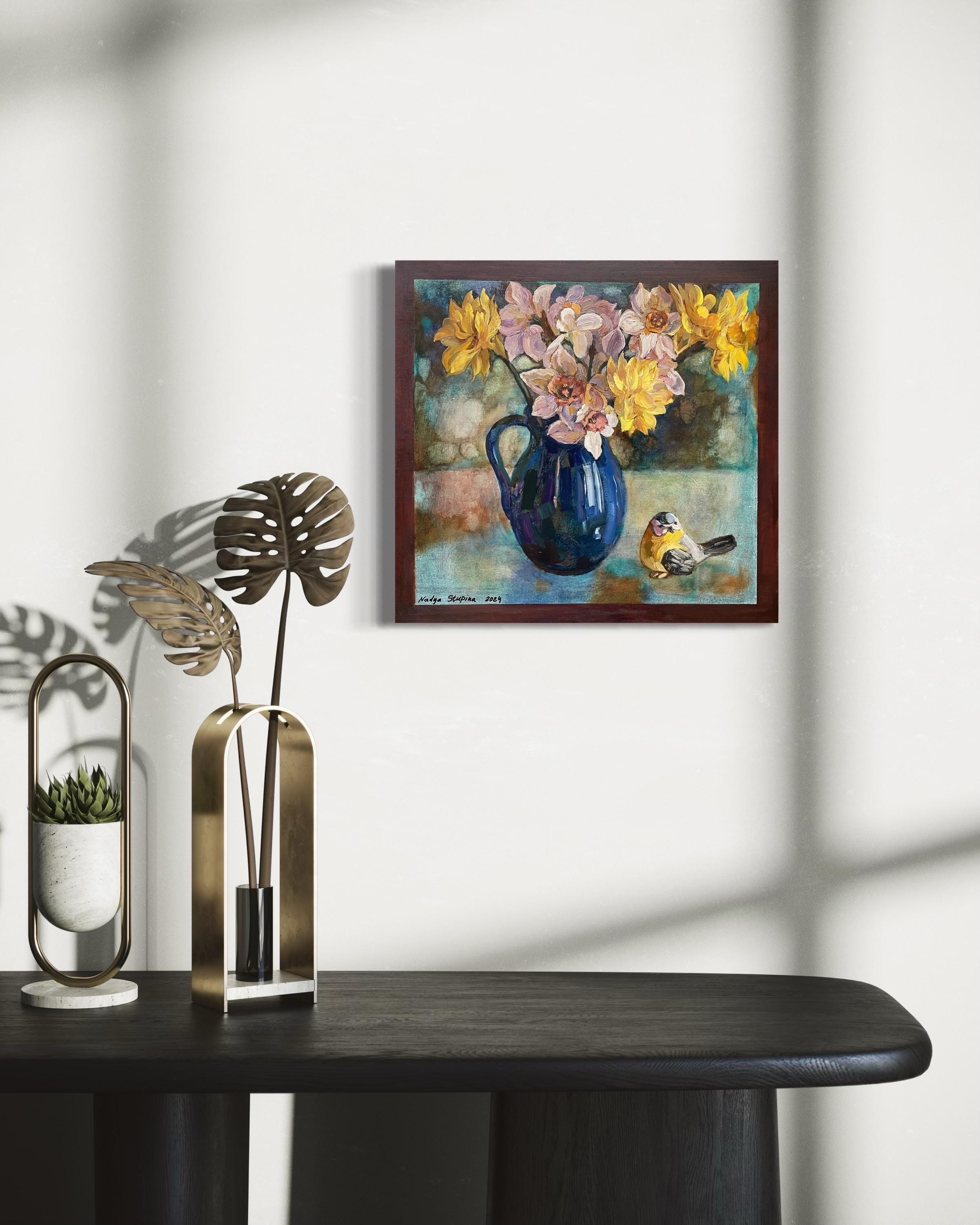 This artwork presents a striking still life composition featuring a vibrant bouquet of flowers arranged in a deep blue ceramic pitcher. The flowers, depicted with meticulous attention to detail, boast a harmonious blend of soft pink and bold yellow