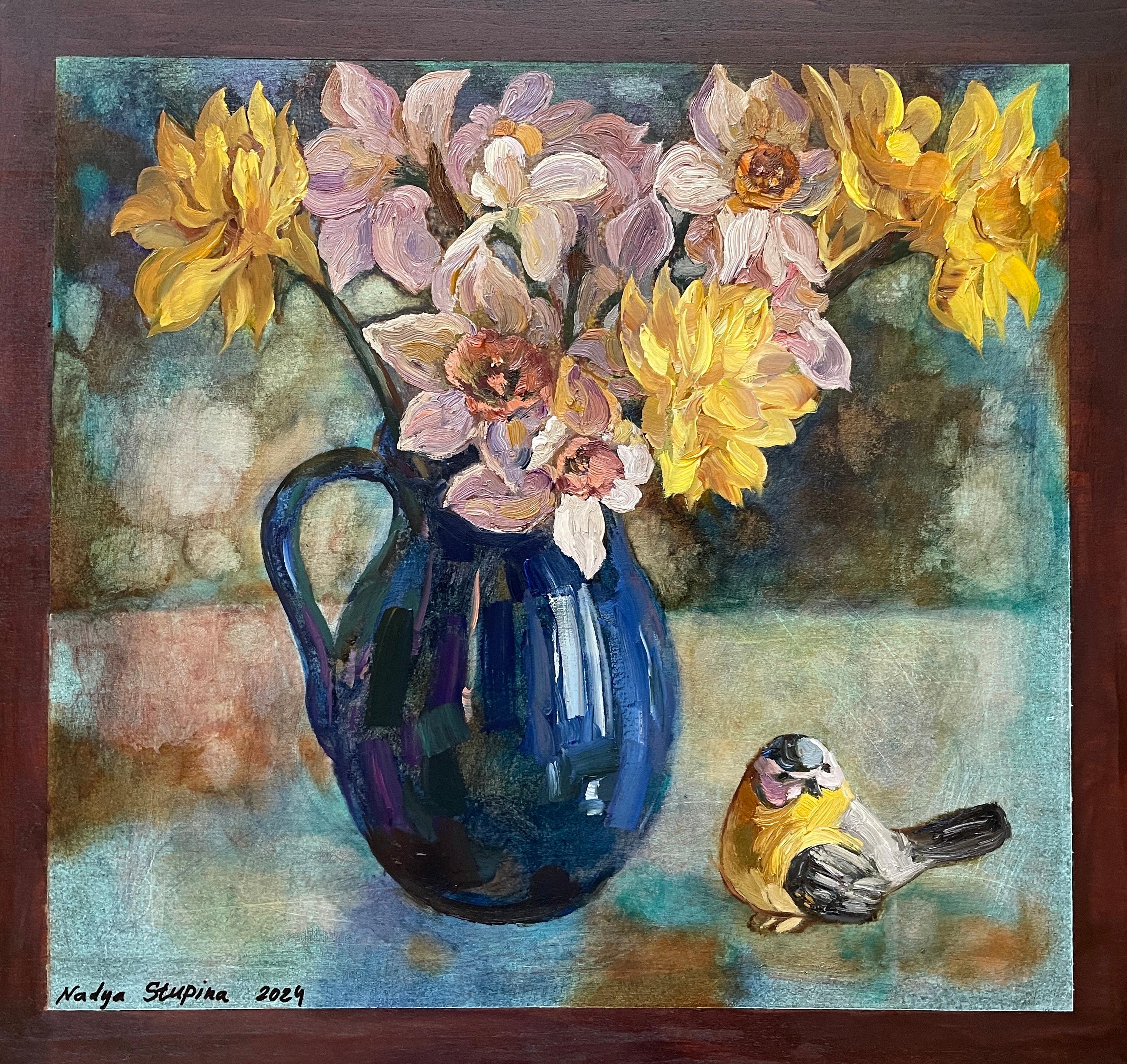 Nadezda Stupina Still-Life Painting - Daffodils in a blue vase