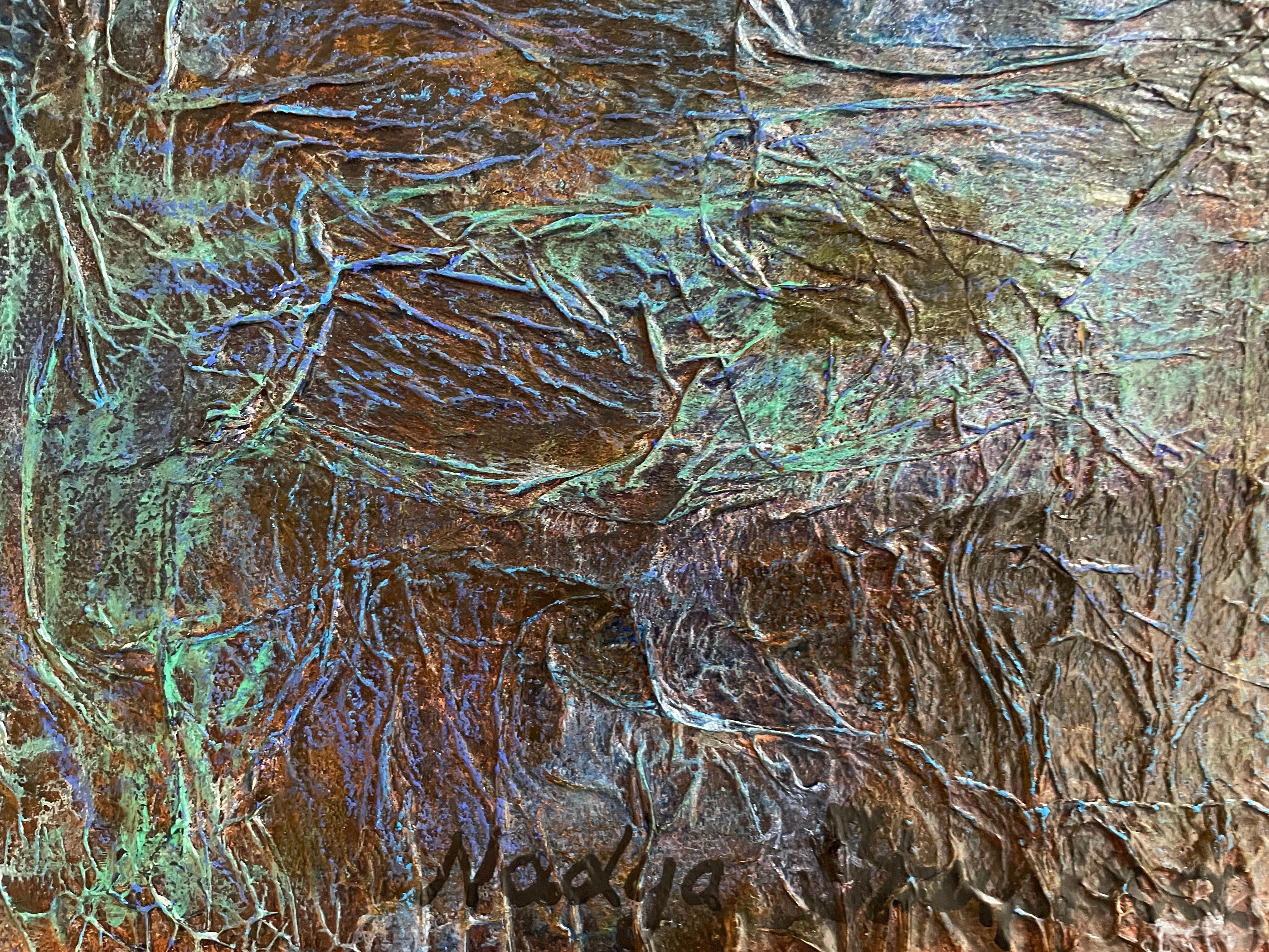 This artwork is an intricate tapestry of swirling colors, primarily dominated by shades of blue, turquoise, and hints of earthy tones. The composition resembles an abstract, dream-like landscape, where organic patterns and textures mimic the