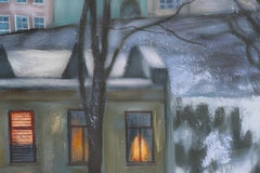 "Denim series .City twilight." Original landscape painting. Horizontal . Acrylic