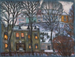 "Denim series .City twilight." Original landscape painting. Horizontal . Acrylic