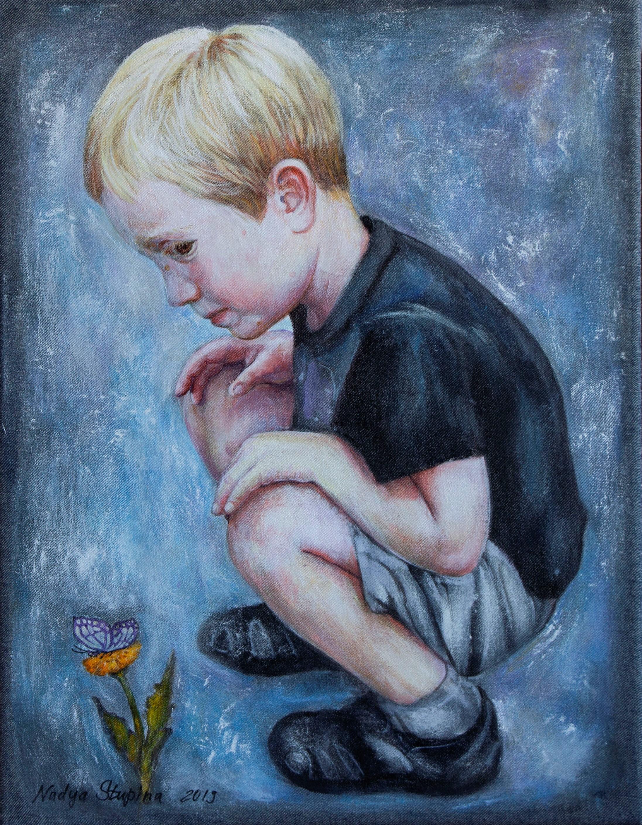 Figurative Painting di Nadezda Stupina - "Serie Denim": dalla vita di Bastian. Farfalla". Ritratto originale