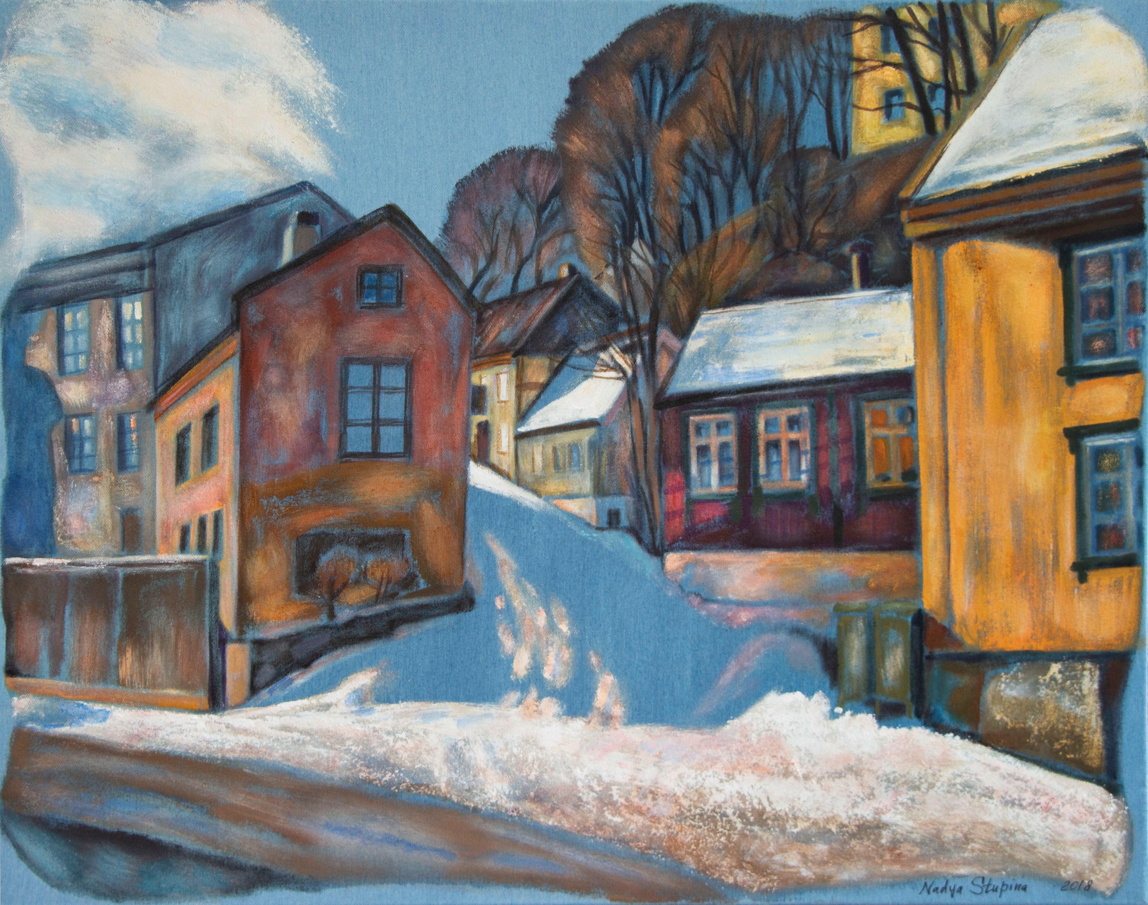 Landscape Painting di Nadezda Stupina - "Serie Denim. Ombre blu di febbraio". Pittura paesaggistica originale. Acrilico.