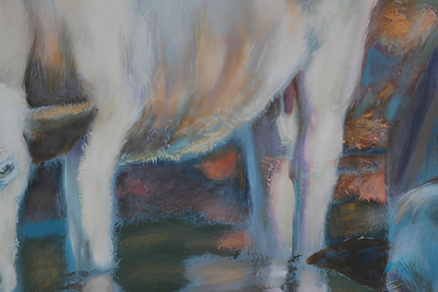 „Denim-Serie. Kühe“, Originales großes Tiergemälde. Acryl auf Denim – Painting von Nadezda Stupina