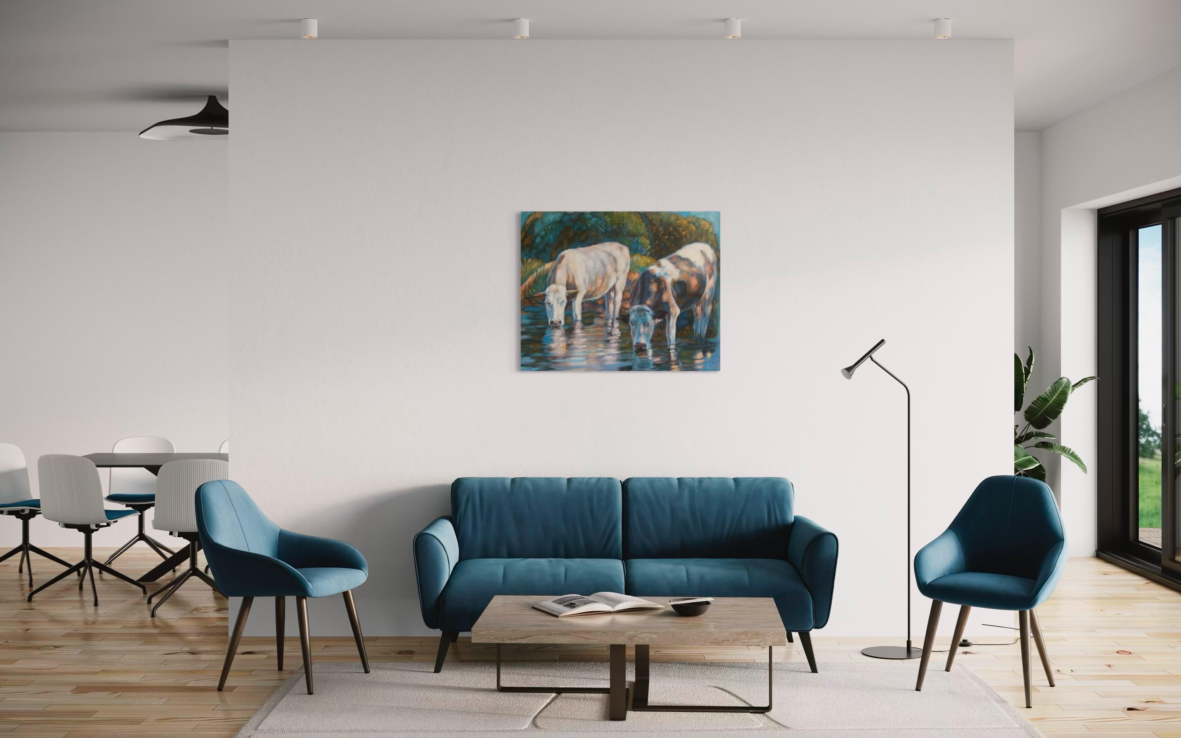 „Denim-Serie. Kühe“, Originales großes Tiergemälde. Acryl auf Denim (Grau), Animal Painting, von Nadezda Stupina