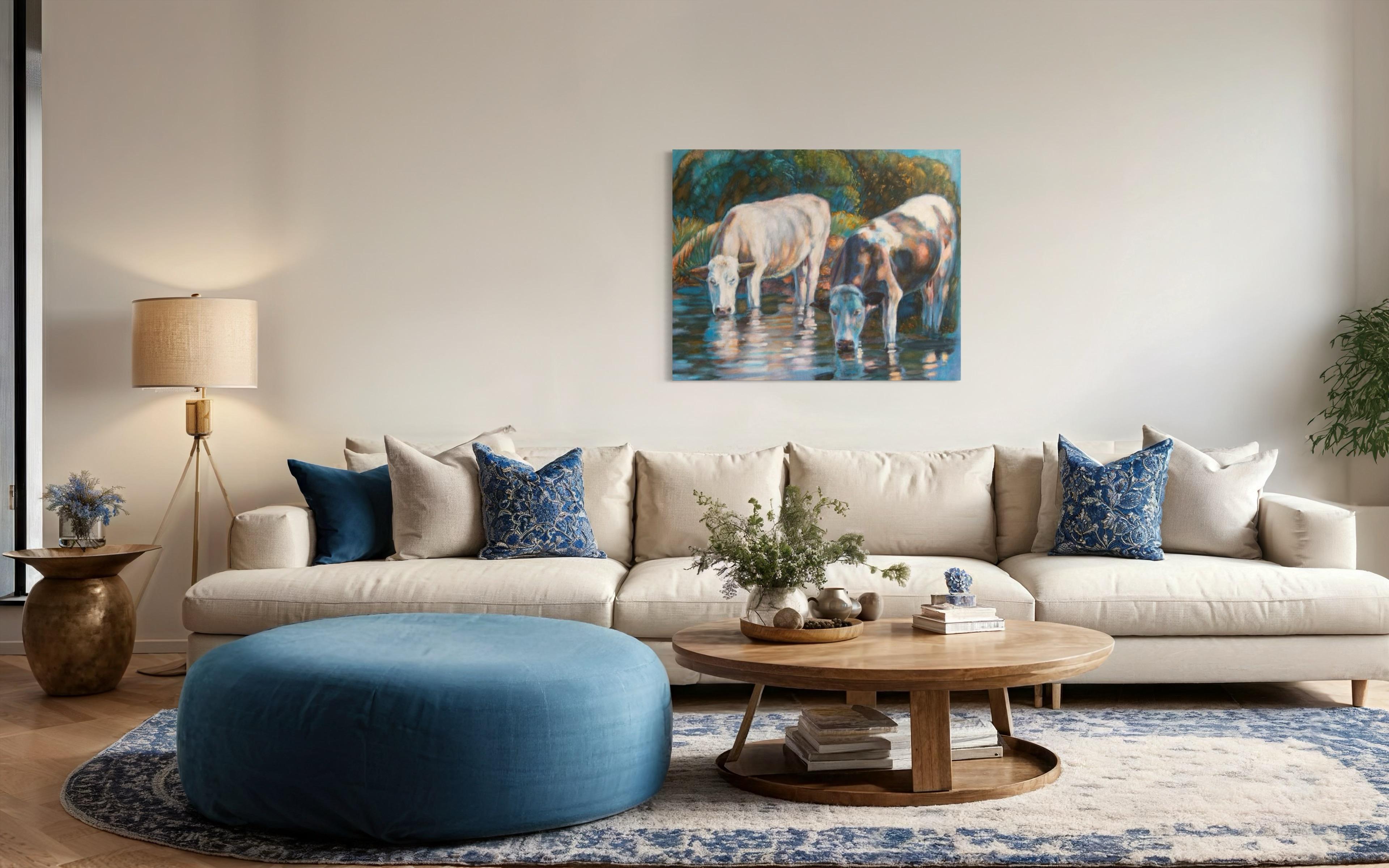 „Denim-Serie. Kühe“, Originales großes Tiergemälde. Acryl auf Denim im Angebot 1