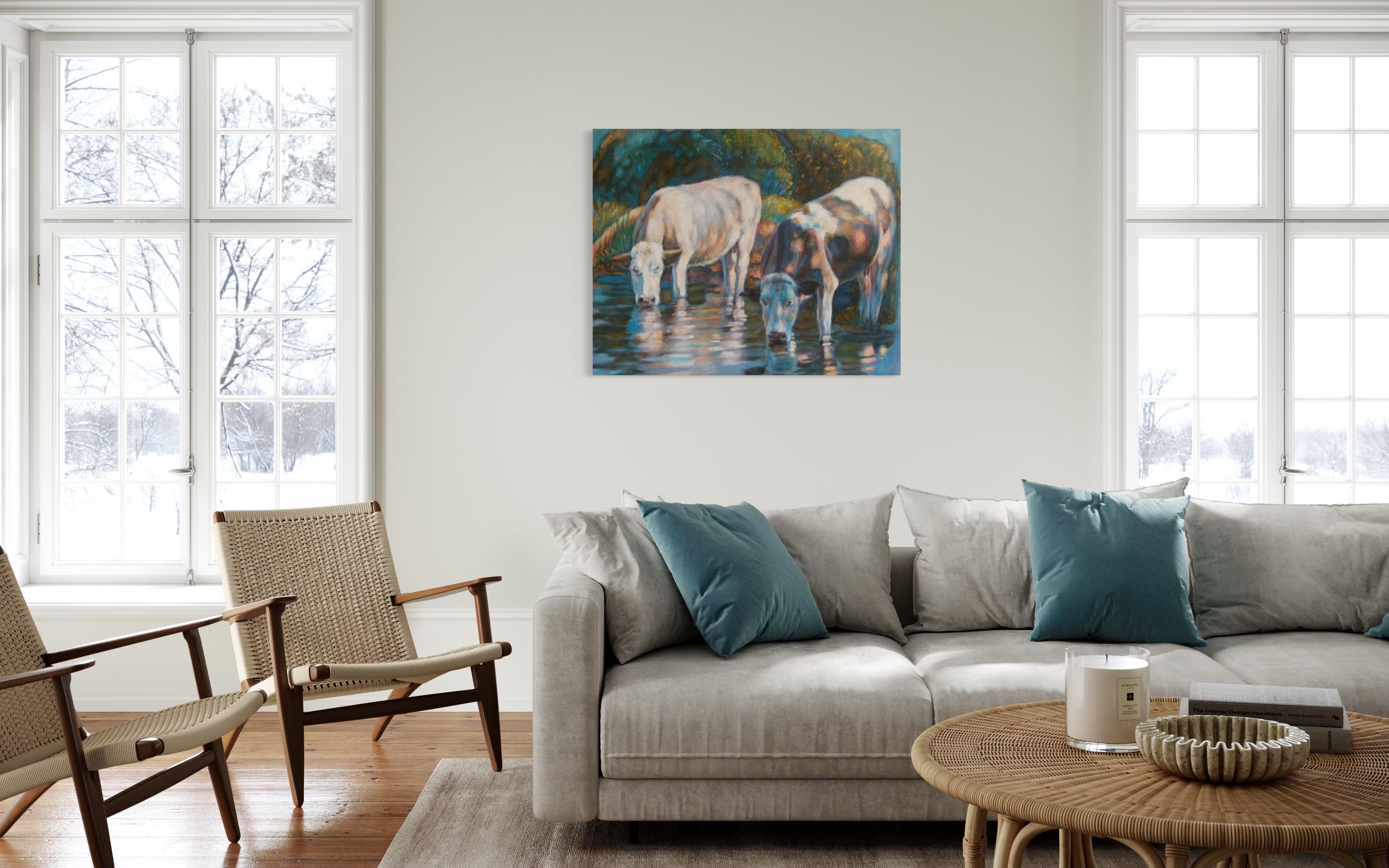 „Denim-Serie. Kühe“, Originales großes Tiergemälde. Acryl auf Denim im Angebot 2