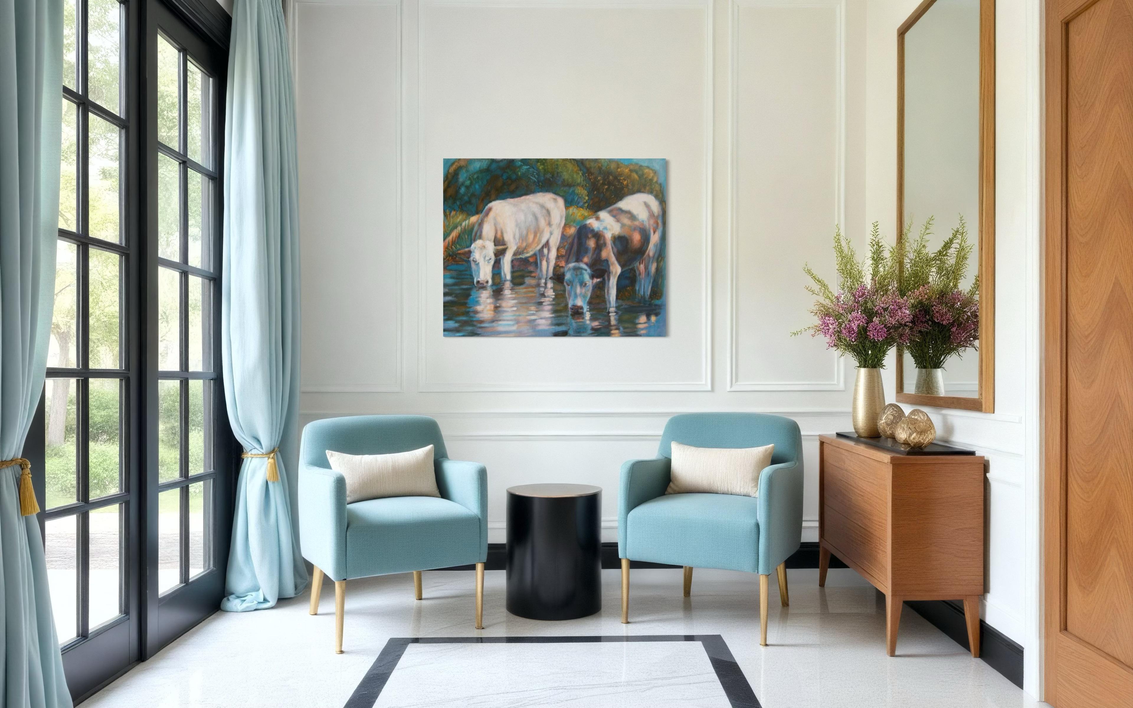 „Denim-Serie. Kühe“, Originales großes Tiergemälde. Acryl auf Denim im Angebot 4